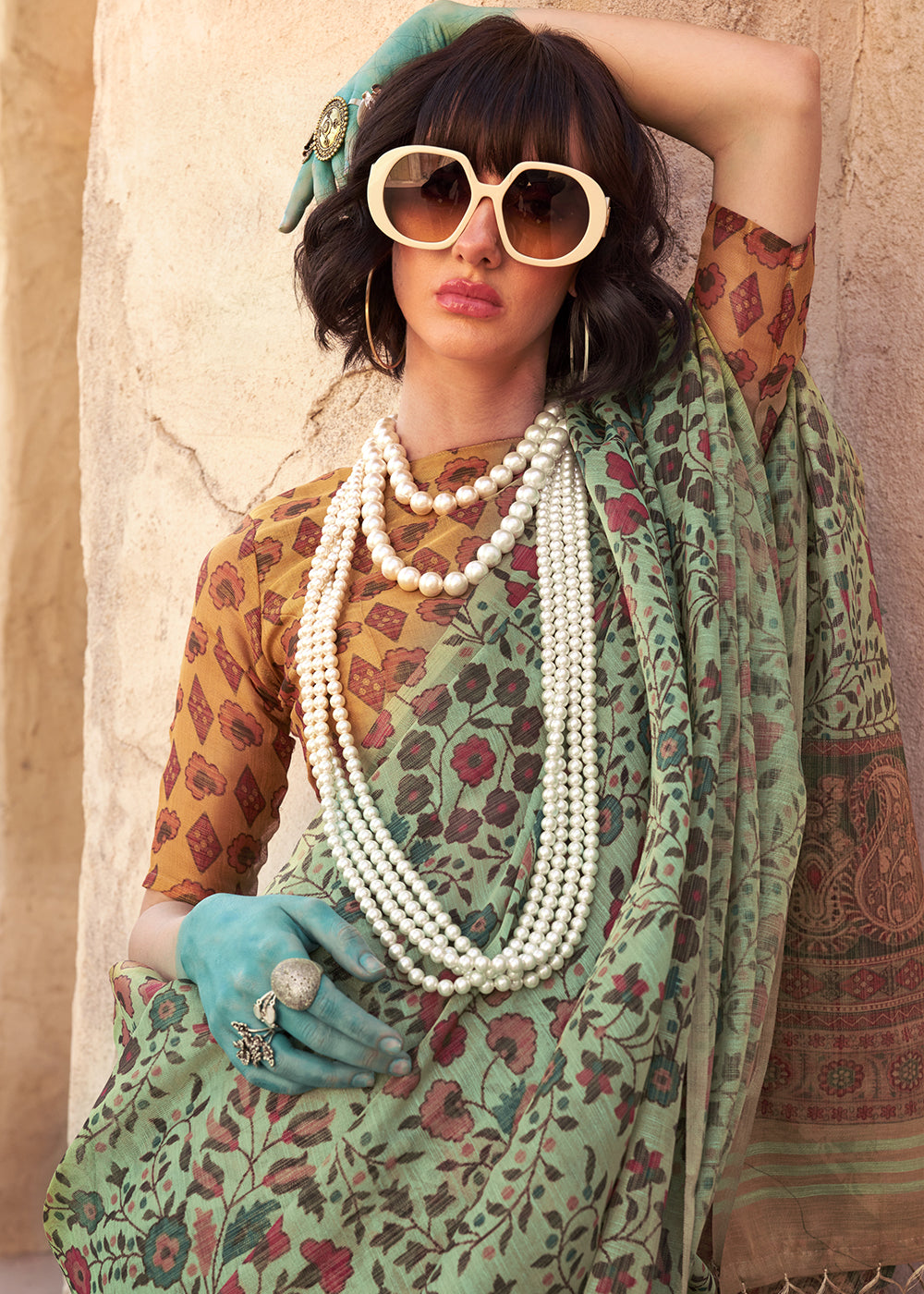 Light Jade Green Floral Printed Tissue Handloom Saree - qivii