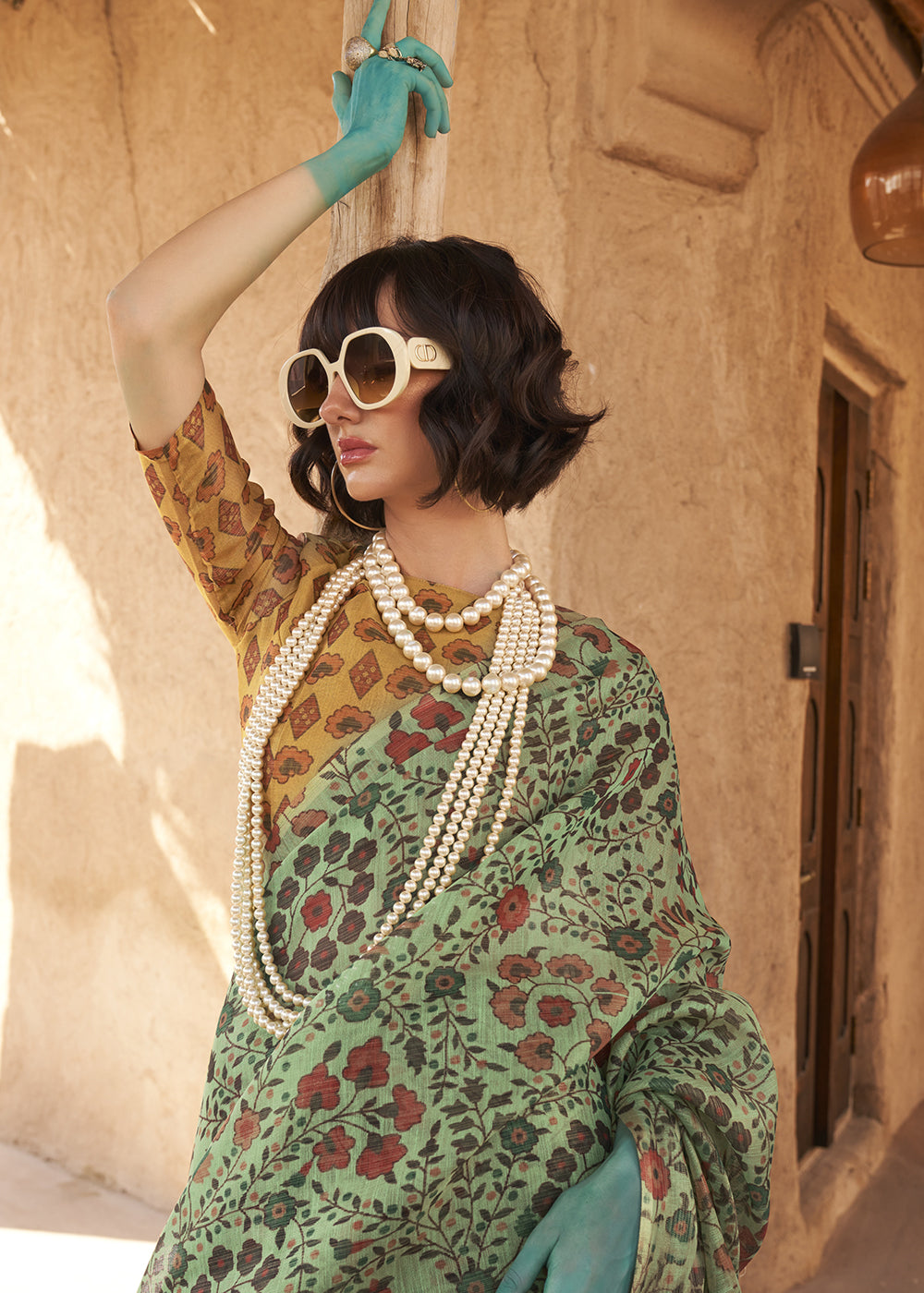 Light Jade Green Floral Printed Tissue Handloom Saree - qivii
