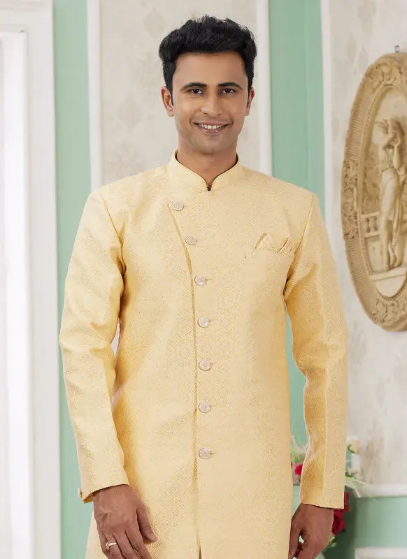 Men's Yellow Banarasi Jacquard Embroidery Indo Western Set
