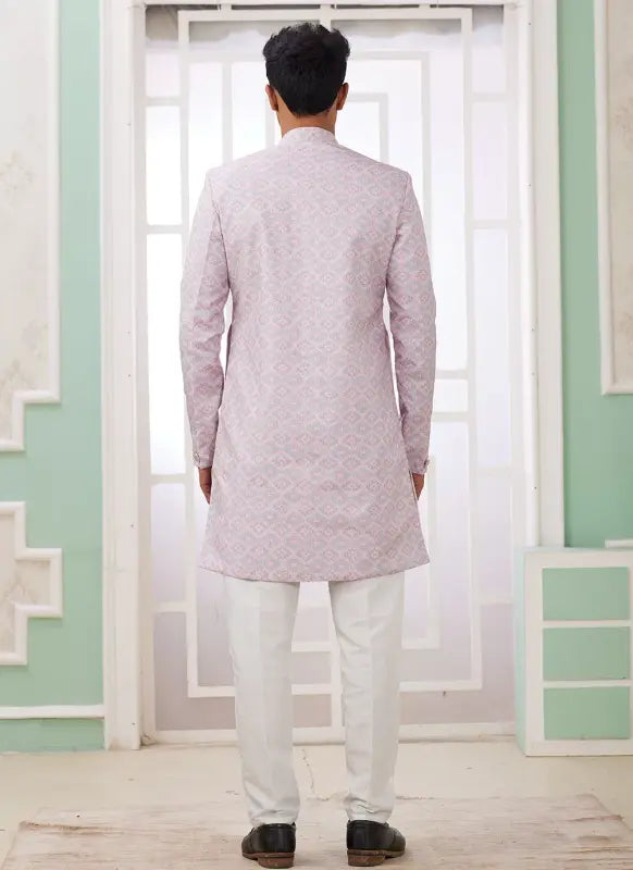 Men's Pink Banarasi Jacquard Embroidery Indo Western Set