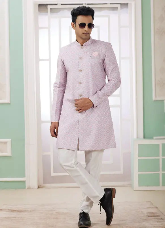 Men's Pink Banarasi Jacquard Embroidery Indo Western Set