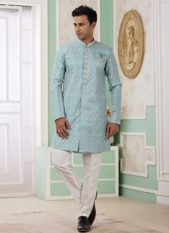 Men's Green Banarasi Jacquard Embroidery Indo Western Set