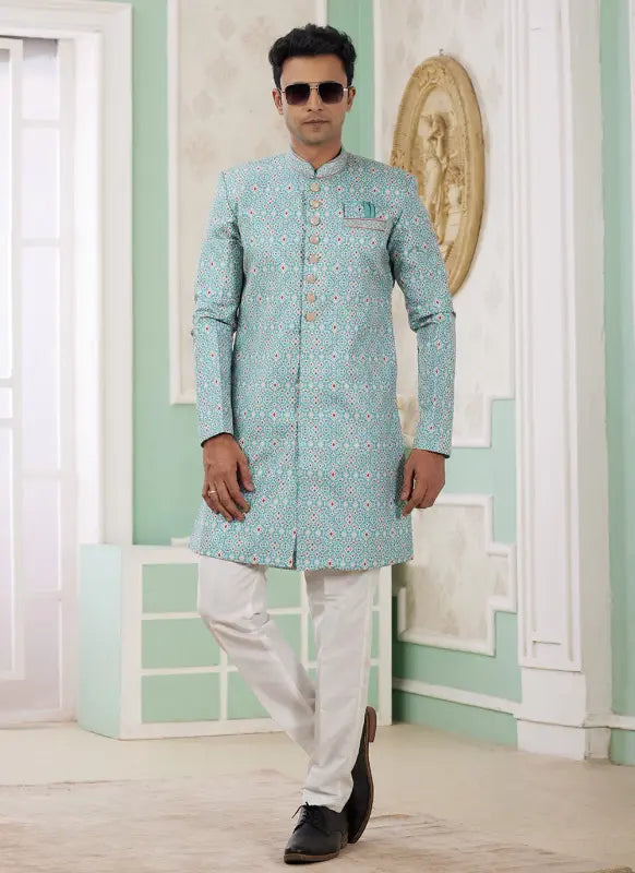 Men's Green Banarasi Jacquard Embroidery Indo Western Set