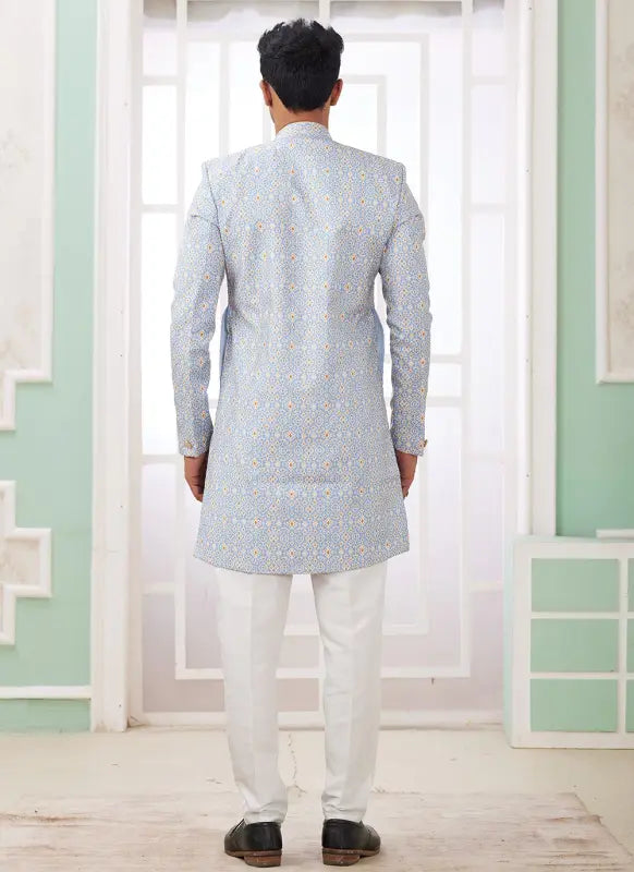 Men's Blue Banarasi Jacquard Embroidery Indo Western Set