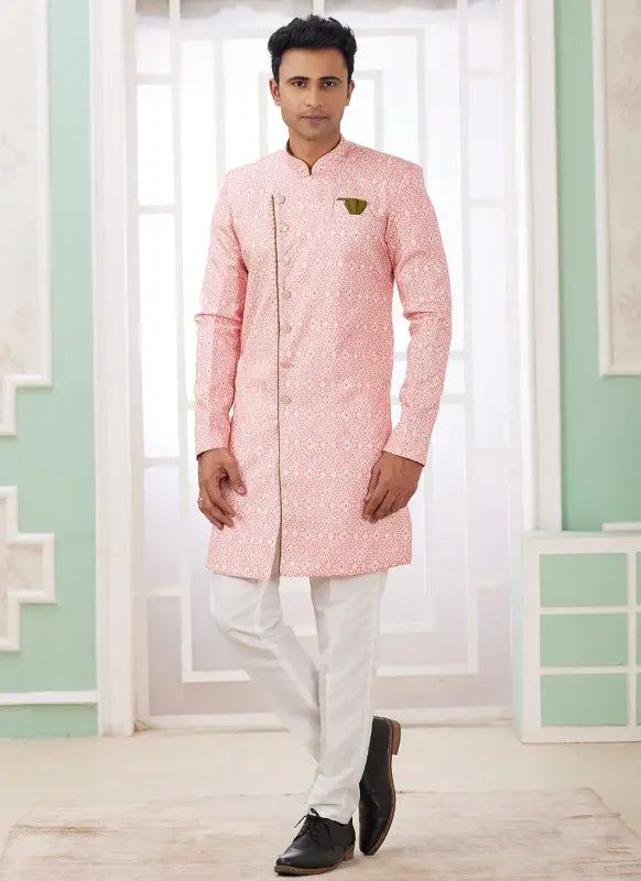 Men's Dark Pink Banarasi Jacquard Embroidery Indo Western Set
