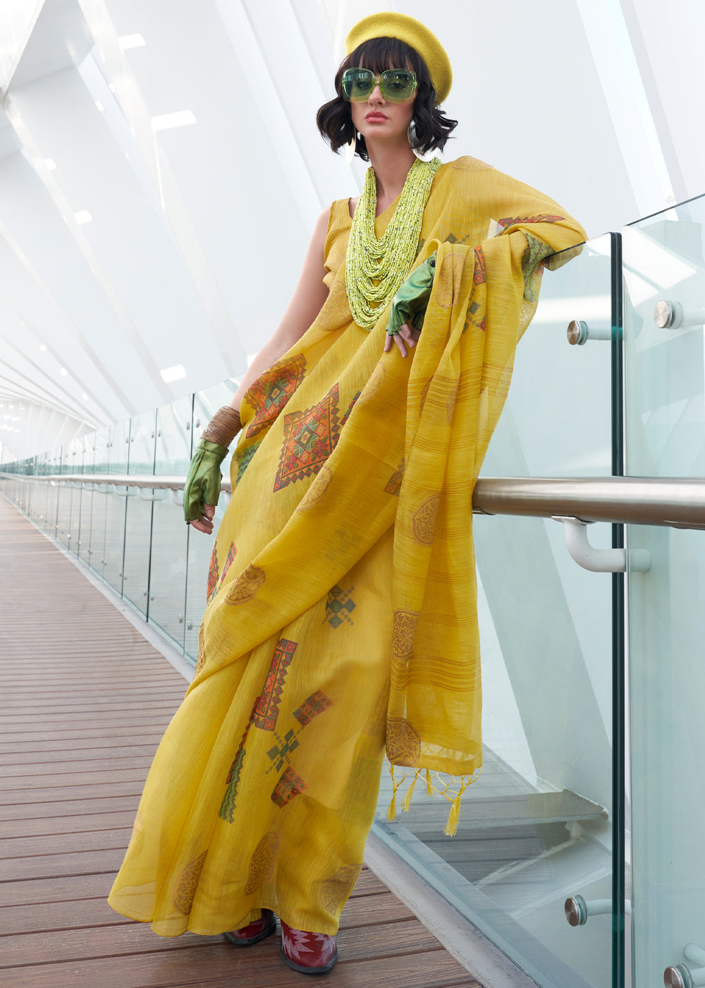 Canary Yellow Printed Handloom Zari Tissue Saree - qivii