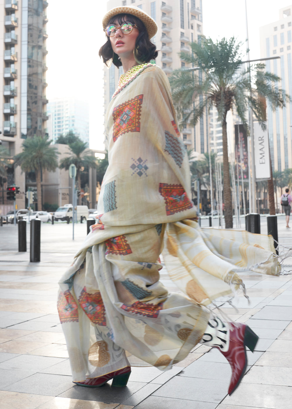 Concrete Grey Printed Handloom Zari Tissue Saree - qivii