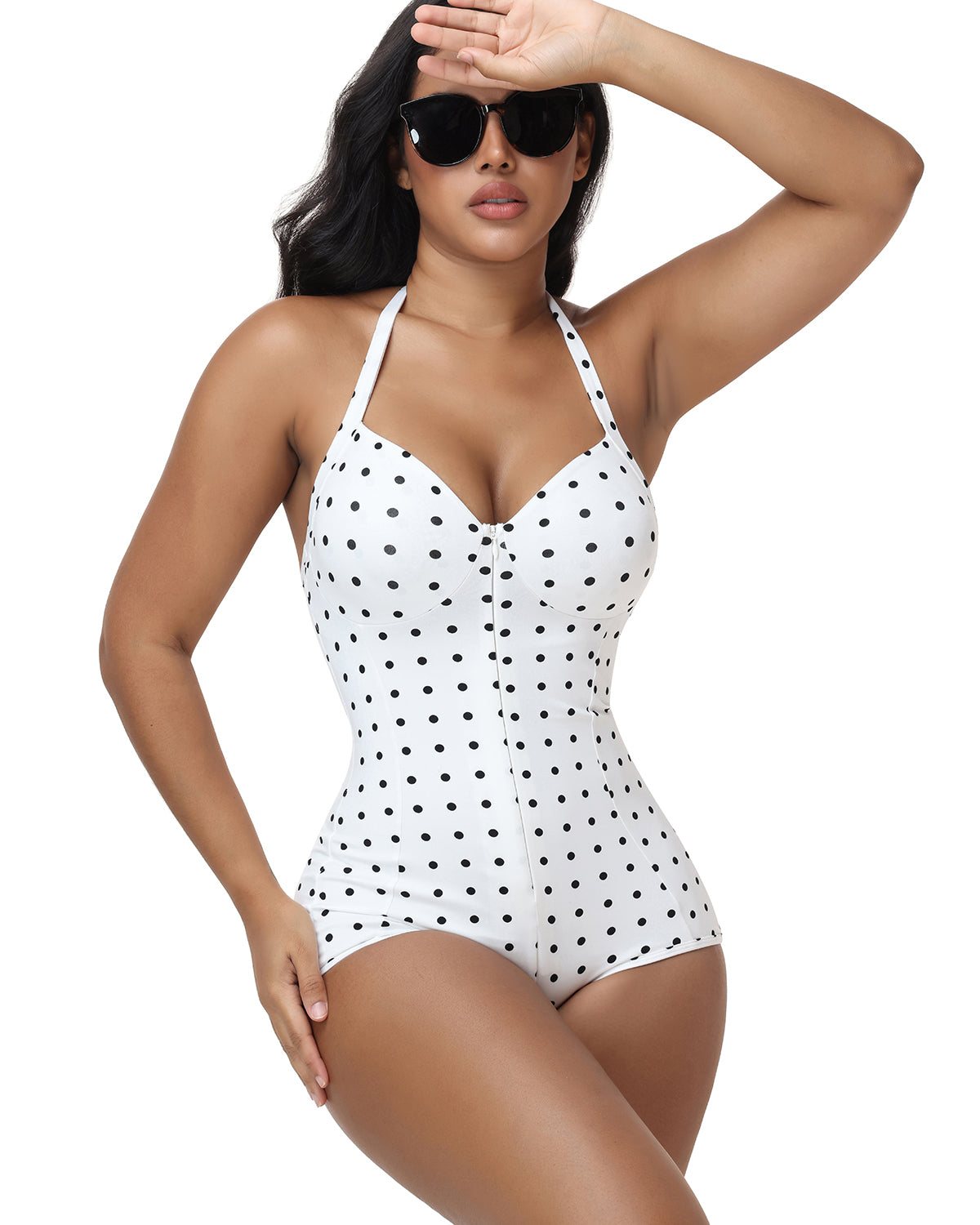 Polka Dot Halter Lace Up Back Zipper Bodysuit