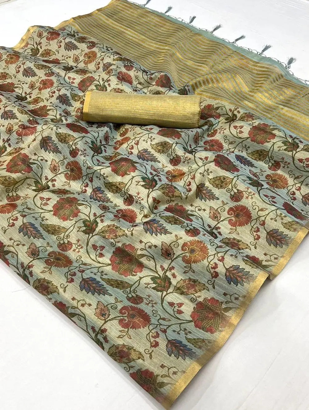 Dusty Grey Tissue Saree with Print & Zari Weaving Work - qivii