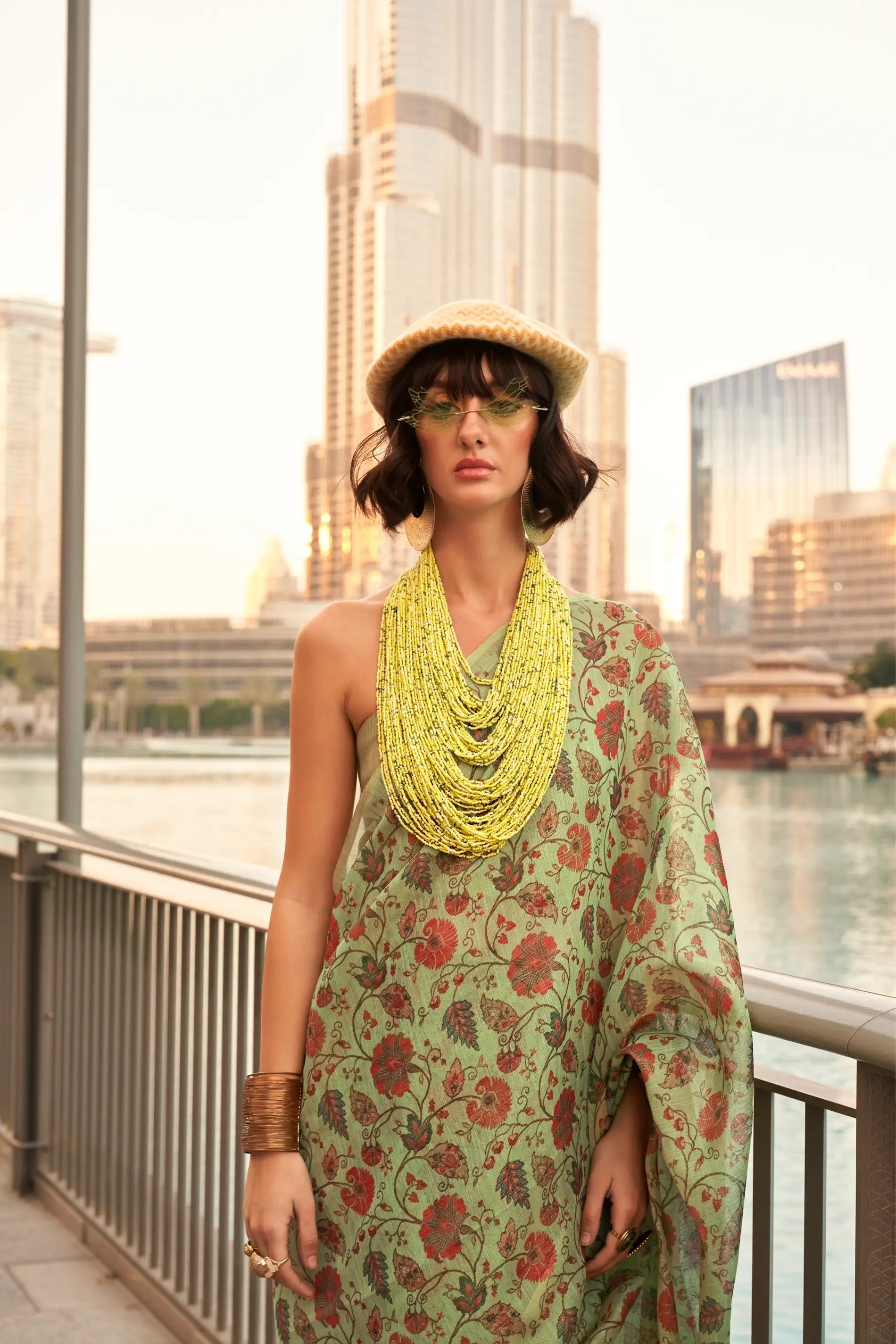 Avocado Green Tissue Saree with Print & Zari Weaving Work - qivii