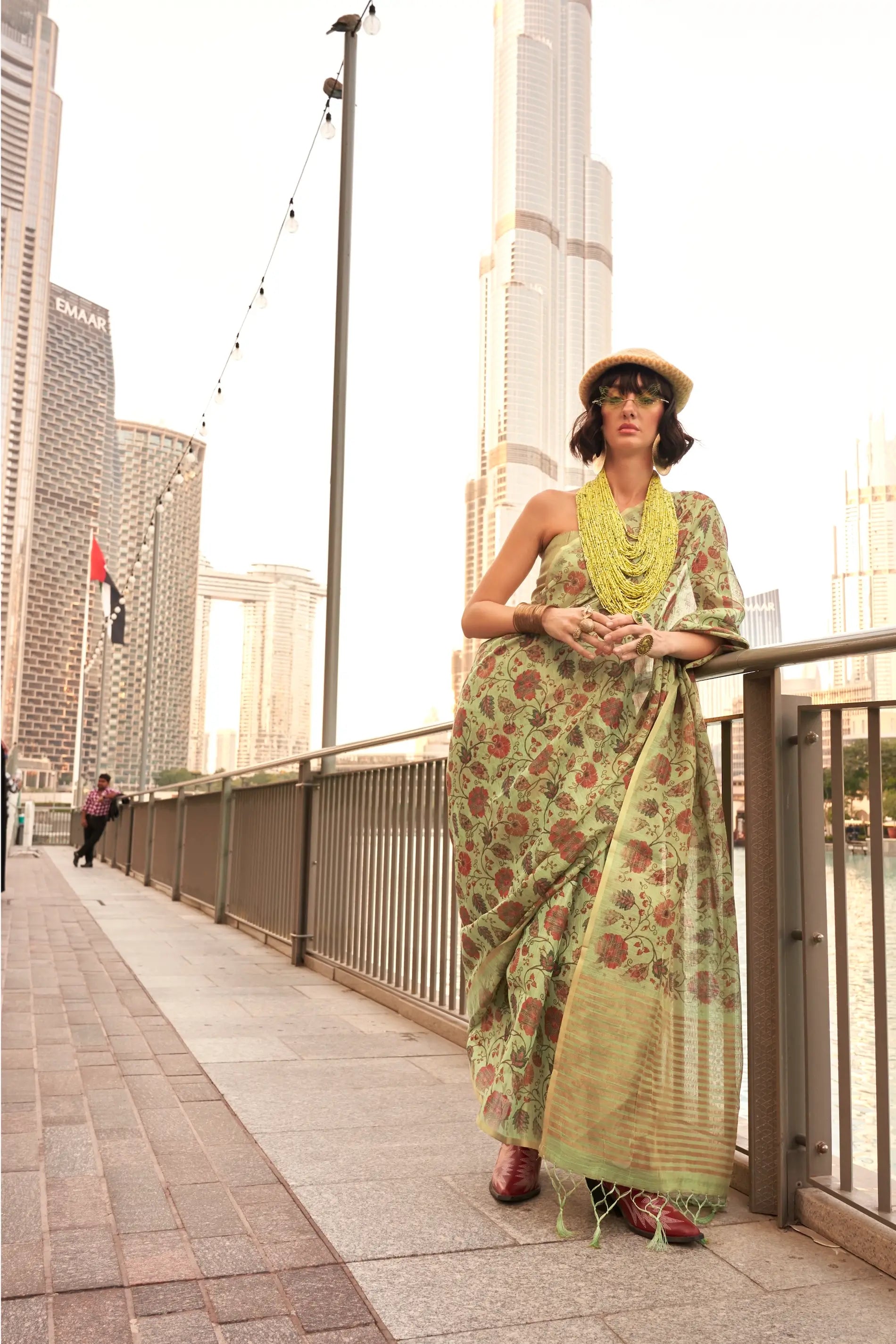 Avocado Green Tissue Saree with Print & Zari Weaving Work - qivii