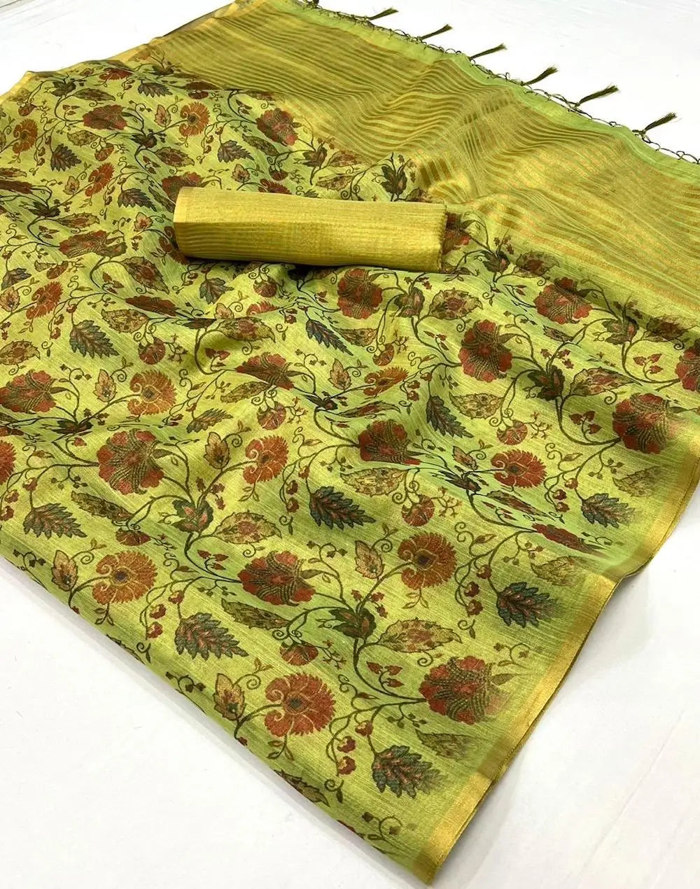 Avocado Green Tissue Saree with Print & Zari Weaving Work - qivii