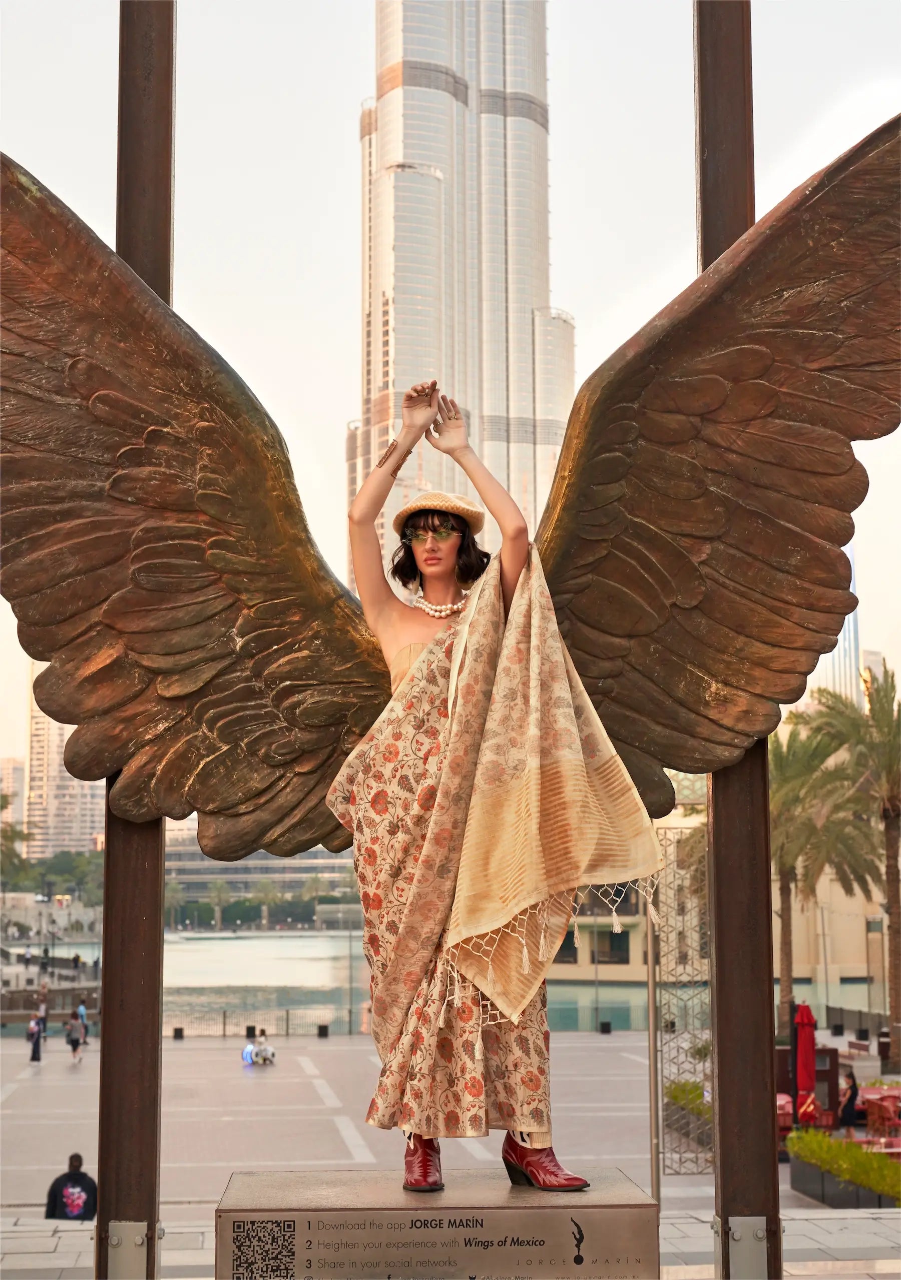 Beige Tissue Saree with Print & Zari Weaving Work - qivii