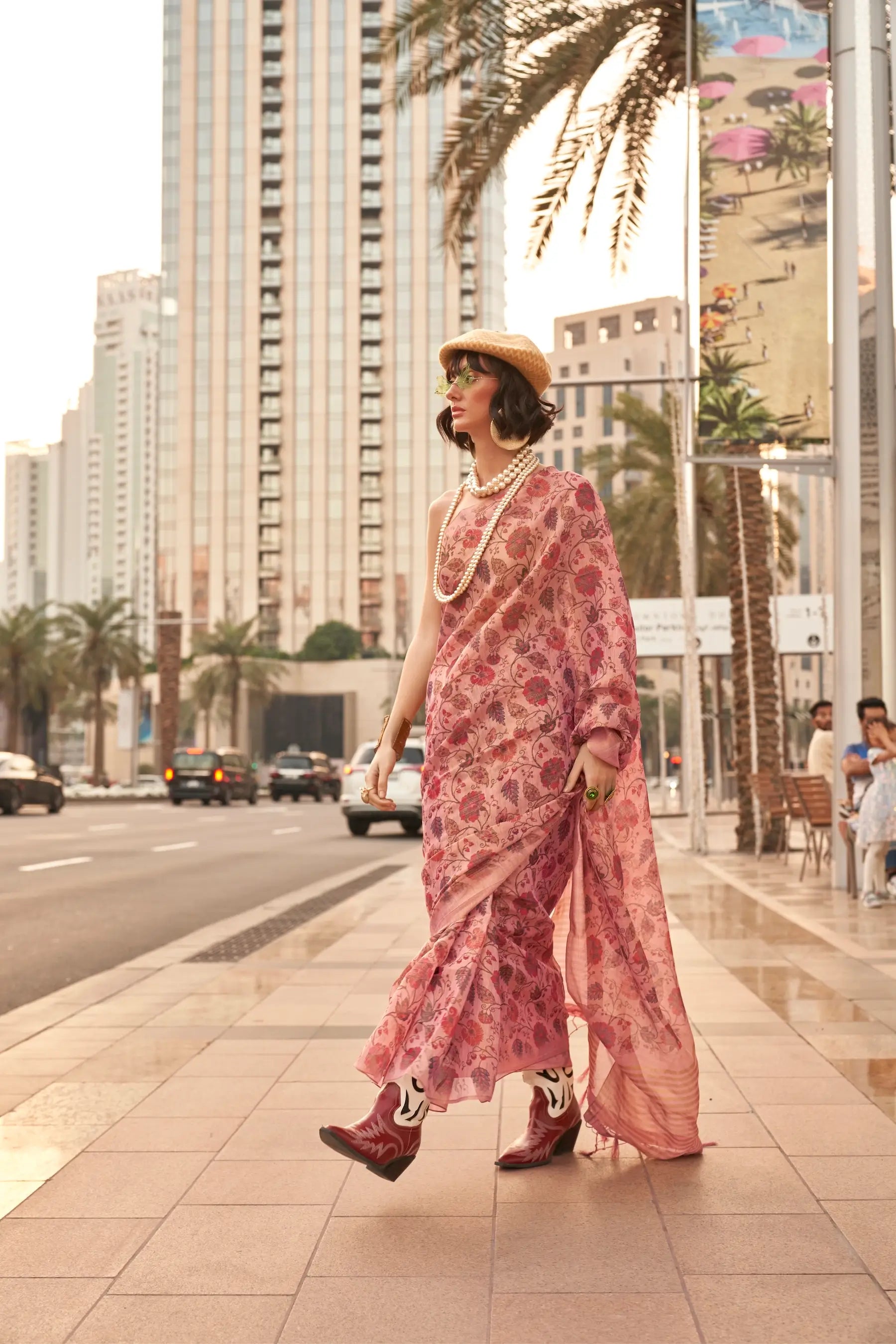 Salmon Pink Tissue Saree with Print & Zari Weaving Work - qivii