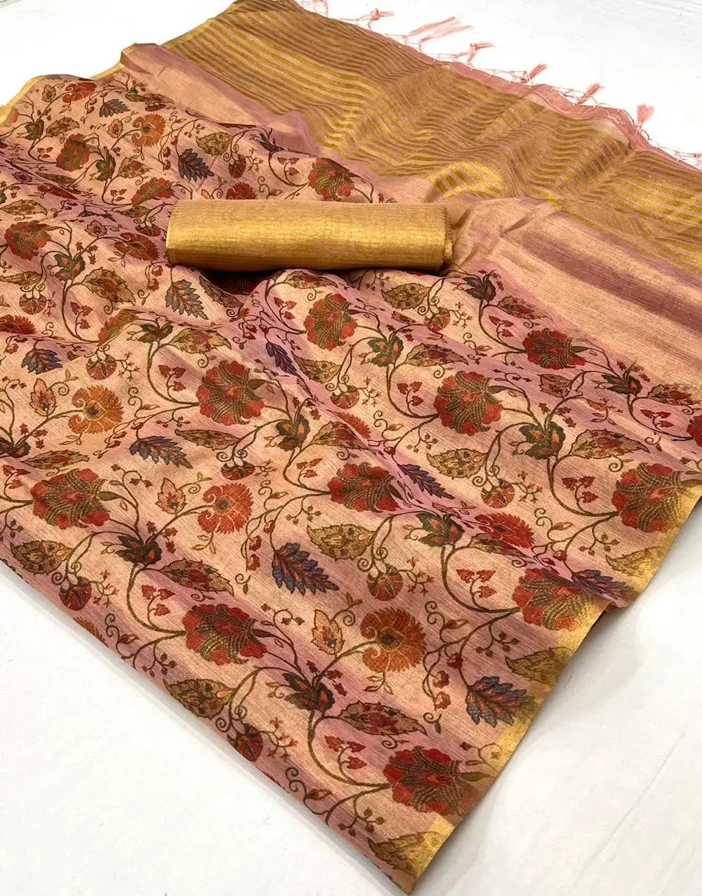 Salmon Pink Tissue Saree with Print & Zari Weaving Work - qivii