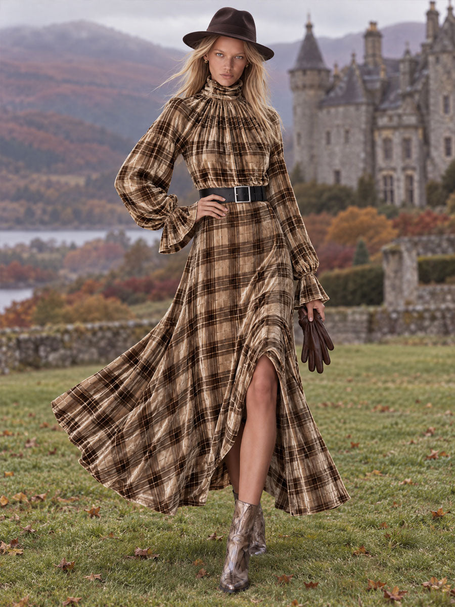 Elegant brown turtleneck maxi dress by Oyrosy Clothing featuring retro plaid velvet print for women, stylish and sophisticated.