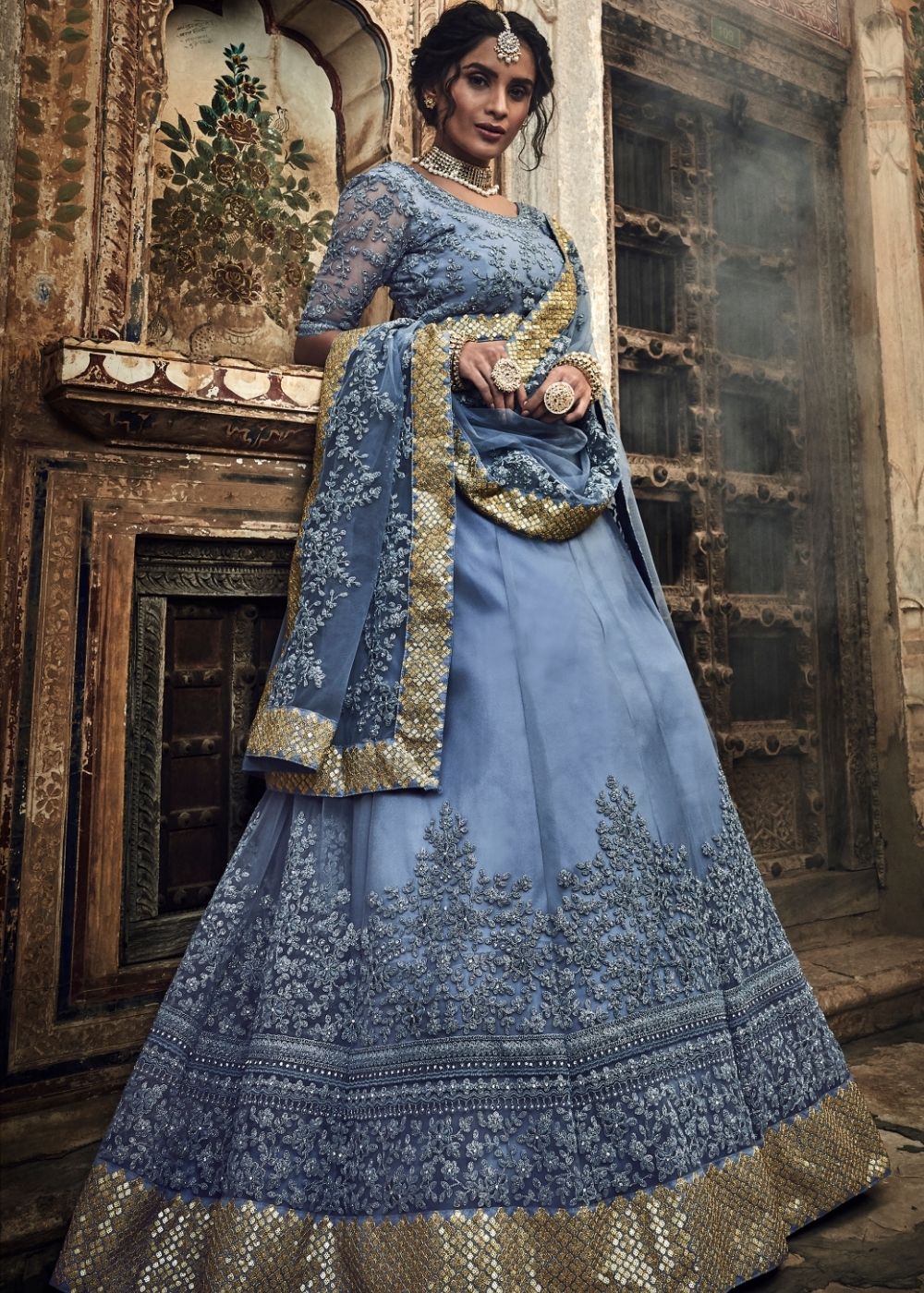 Cornflower Blue Soft Net Lehenga Choli with Dori & Zarkan work | Ready To Wear - qivii