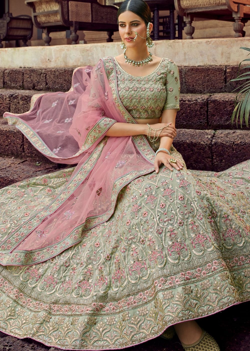 Fern Green Georgette Lehenga Choli with Resham & Gota work | Ready To Wear - qivii