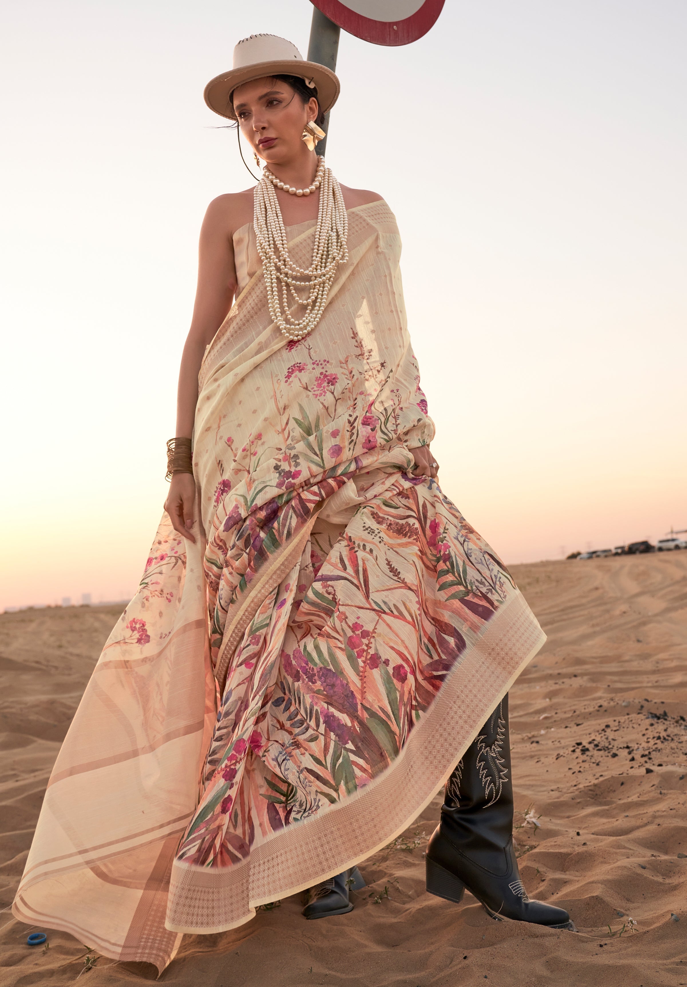 Parchment White Floral Printed Linen Saree with Zari Border and Blouse - qivii