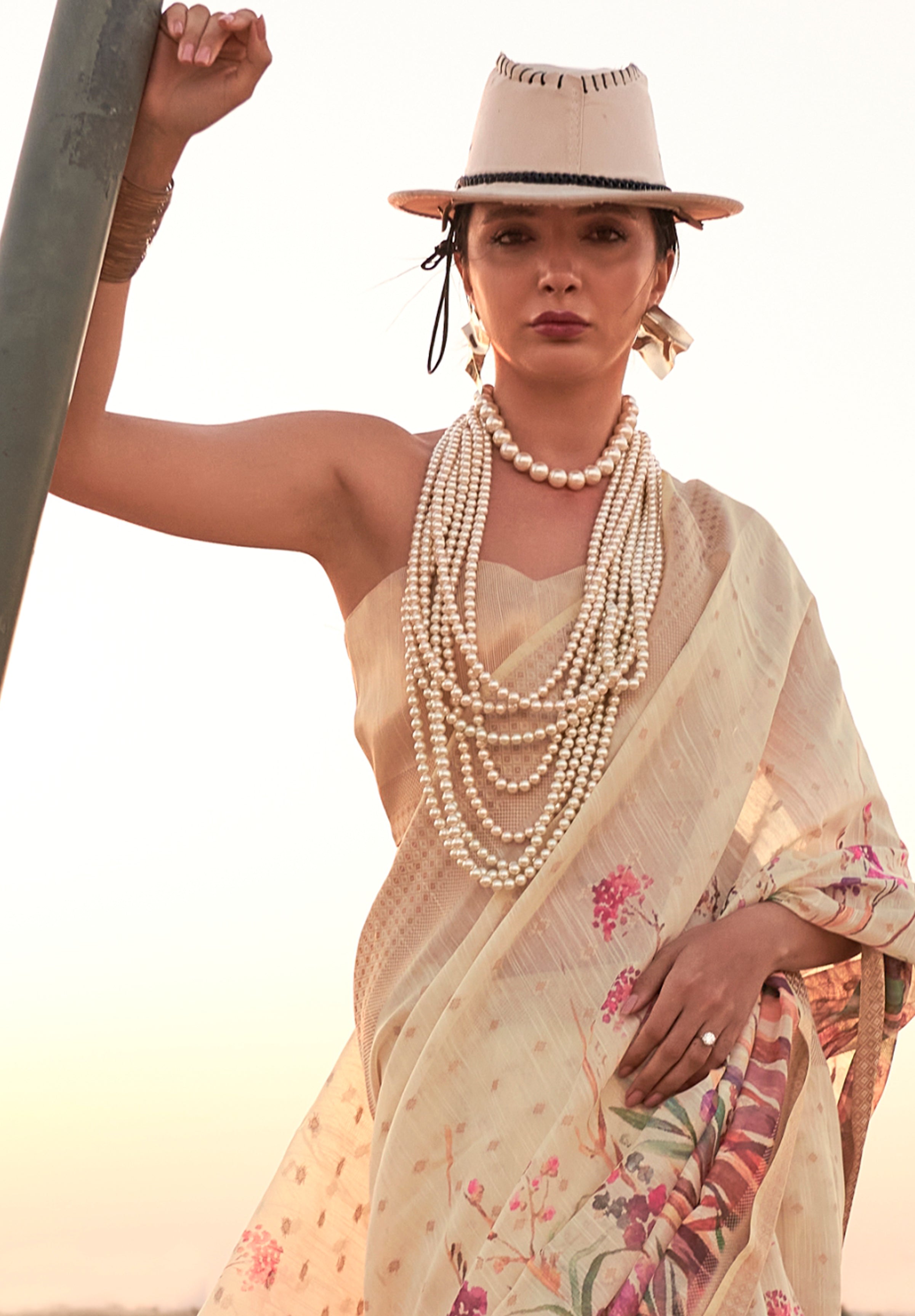 Parchment White Floral Printed Linen Saree with Zari Border and Blouse - qivii