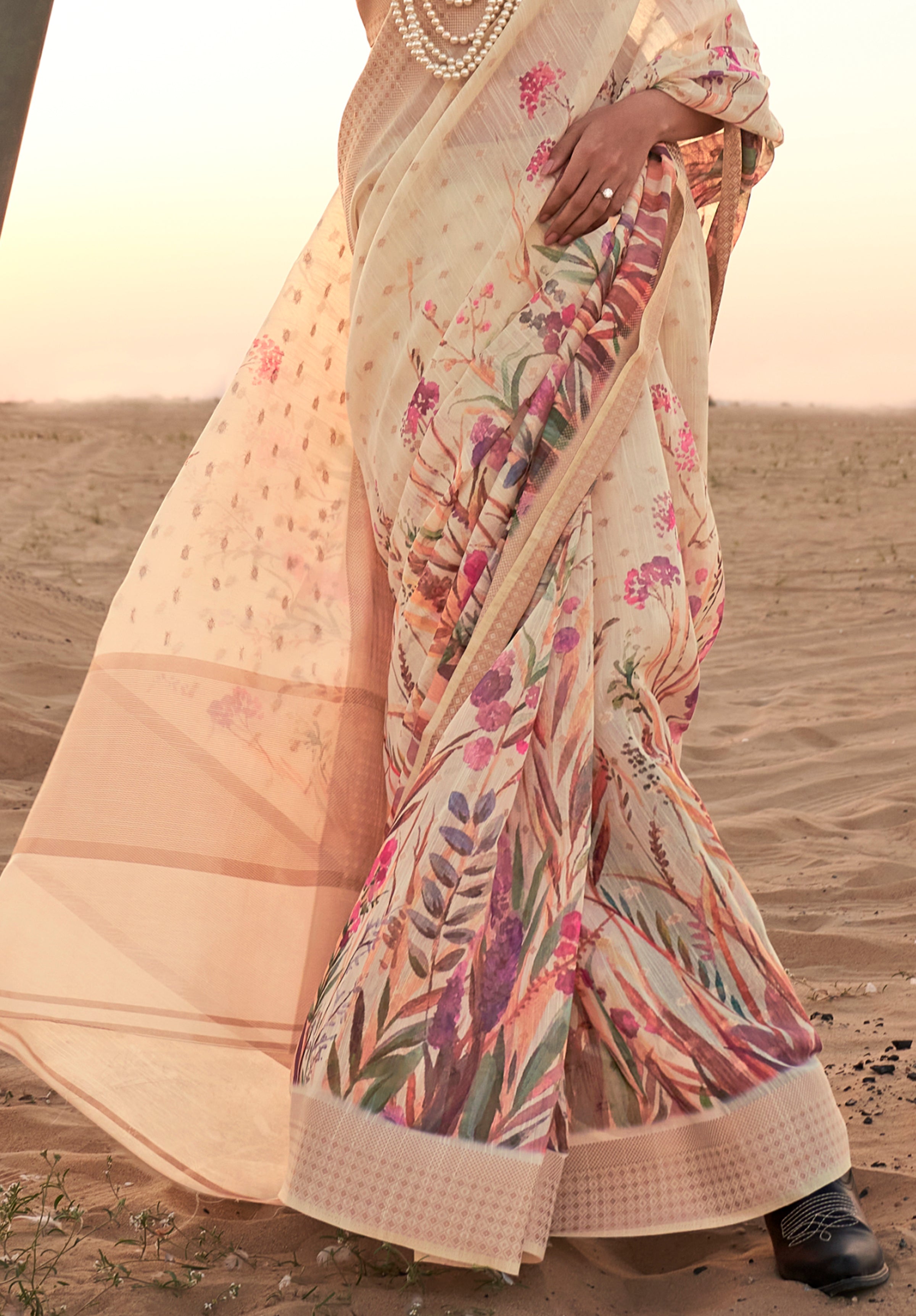 Parchment White Floral Printed Linen Saree with Zari Border and Blouse - qivii