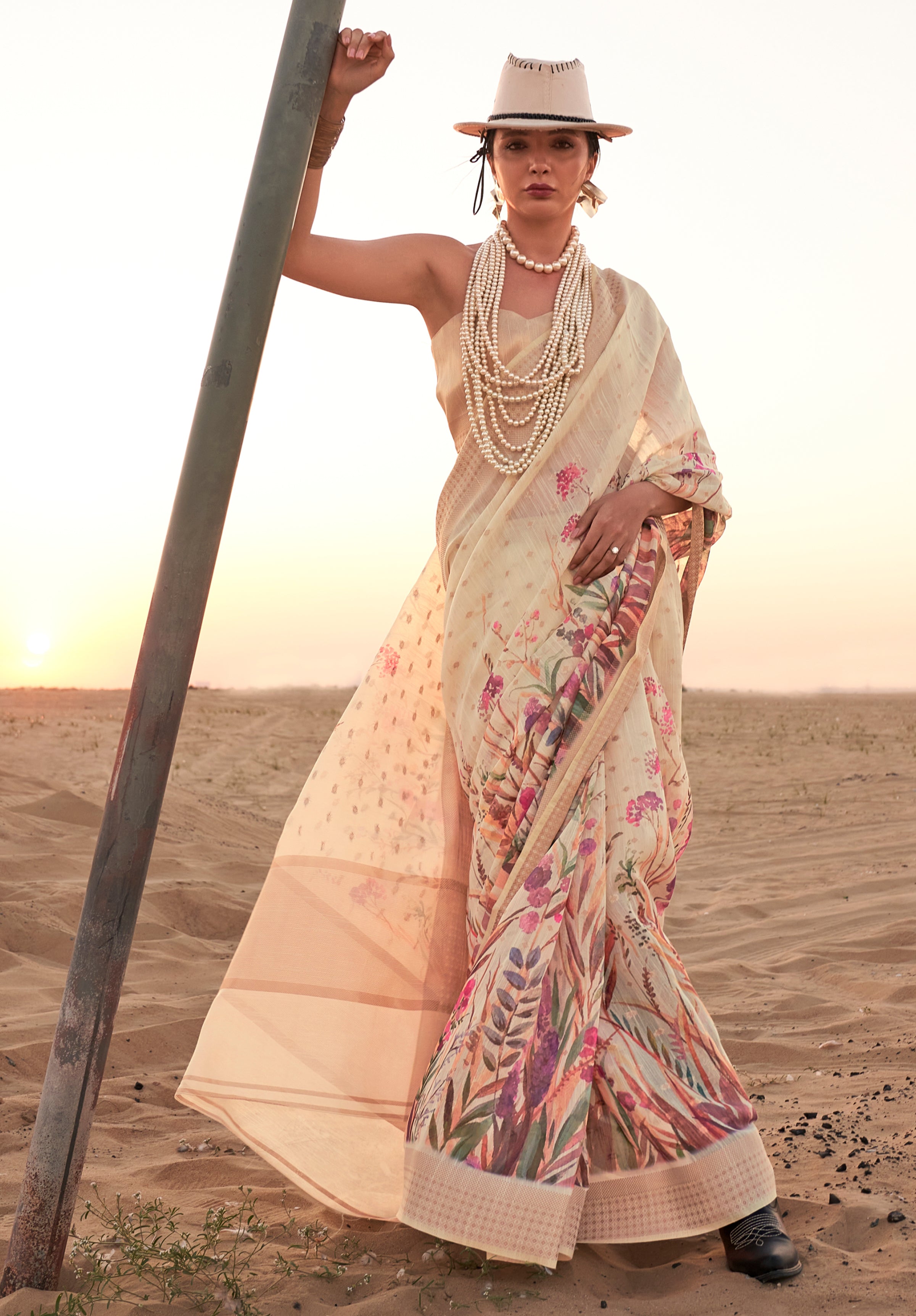 Parchment White Floral Printed Linen Saree with Zari Border and Blouse - qivii