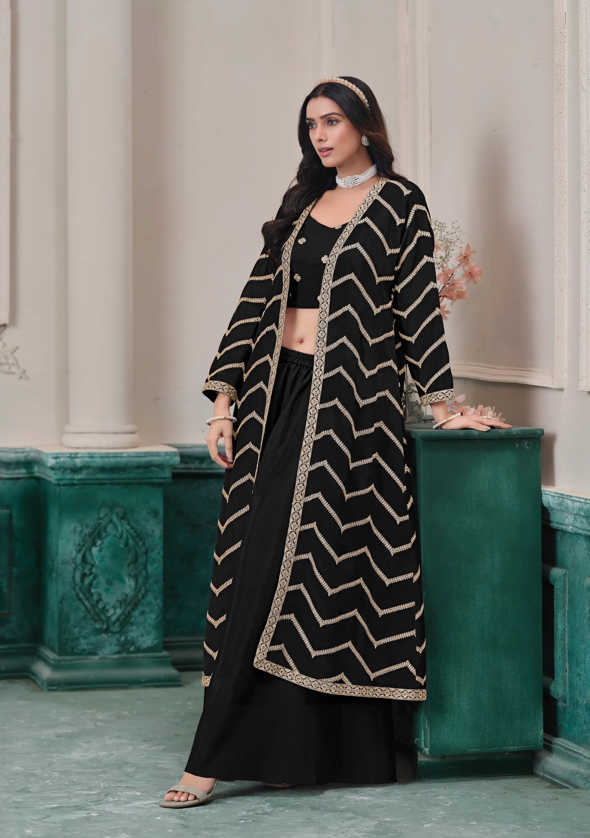 Black Chinon Indo-Western Set With Embroidery Work - qivii