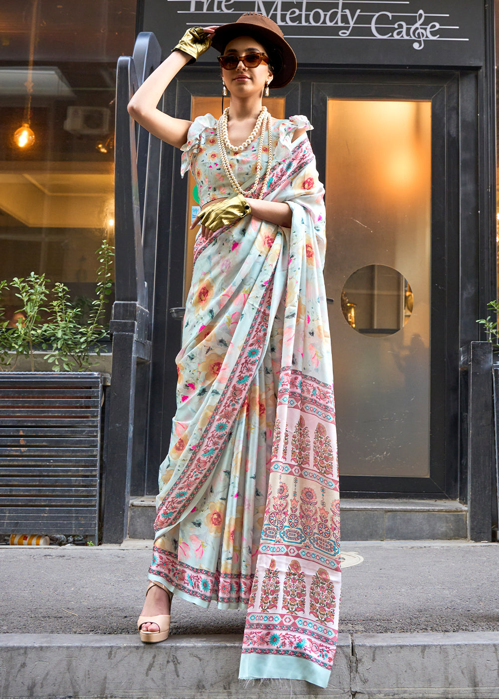 Pearl White Printed Satin Georgette Saree - qivii