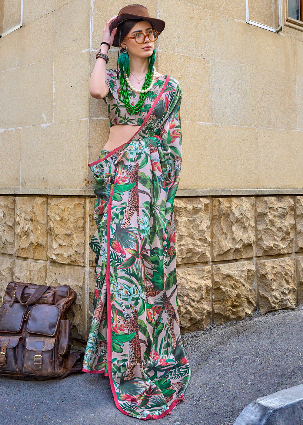 Green & Pink Printed Satin Georgette Saree - qivii