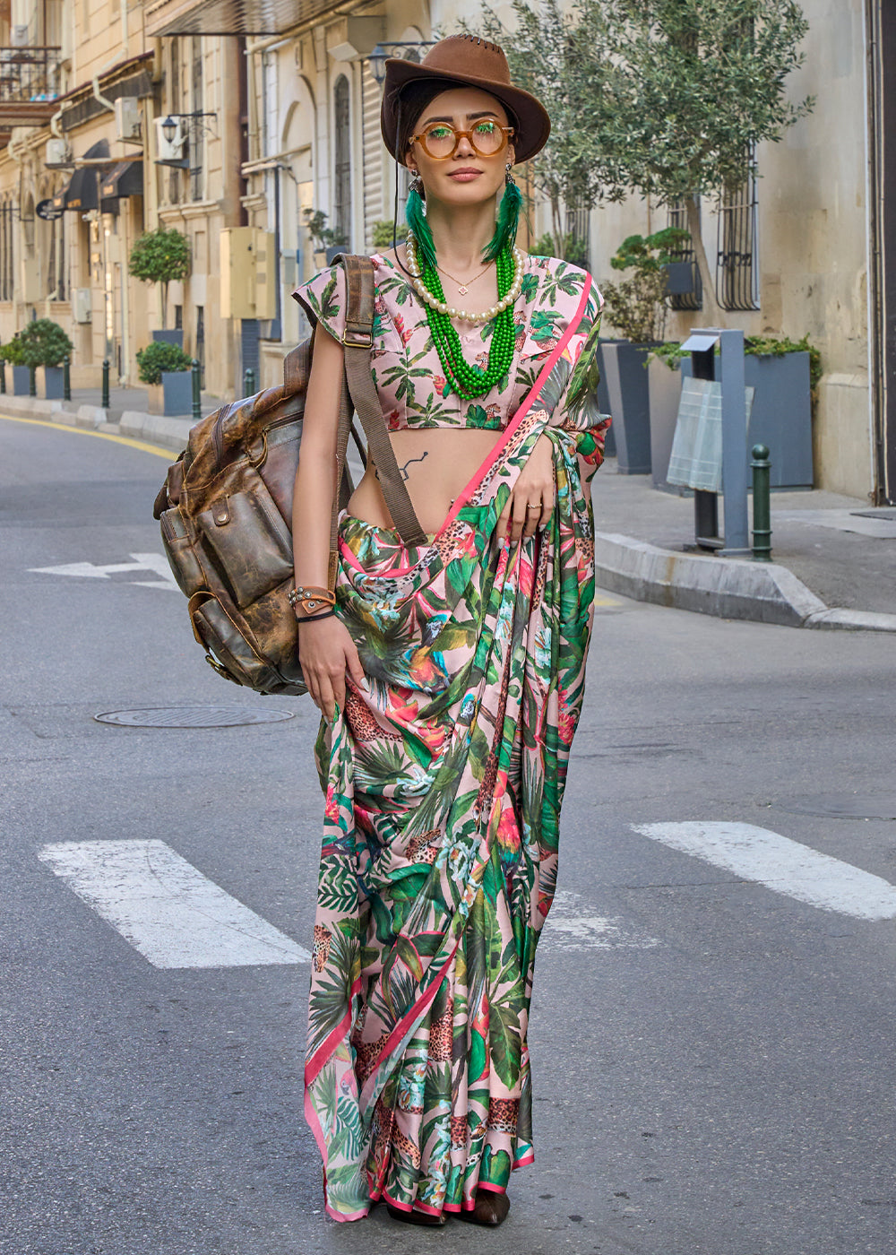 Green & Pink Printed Satin Georgette Saree - qivii