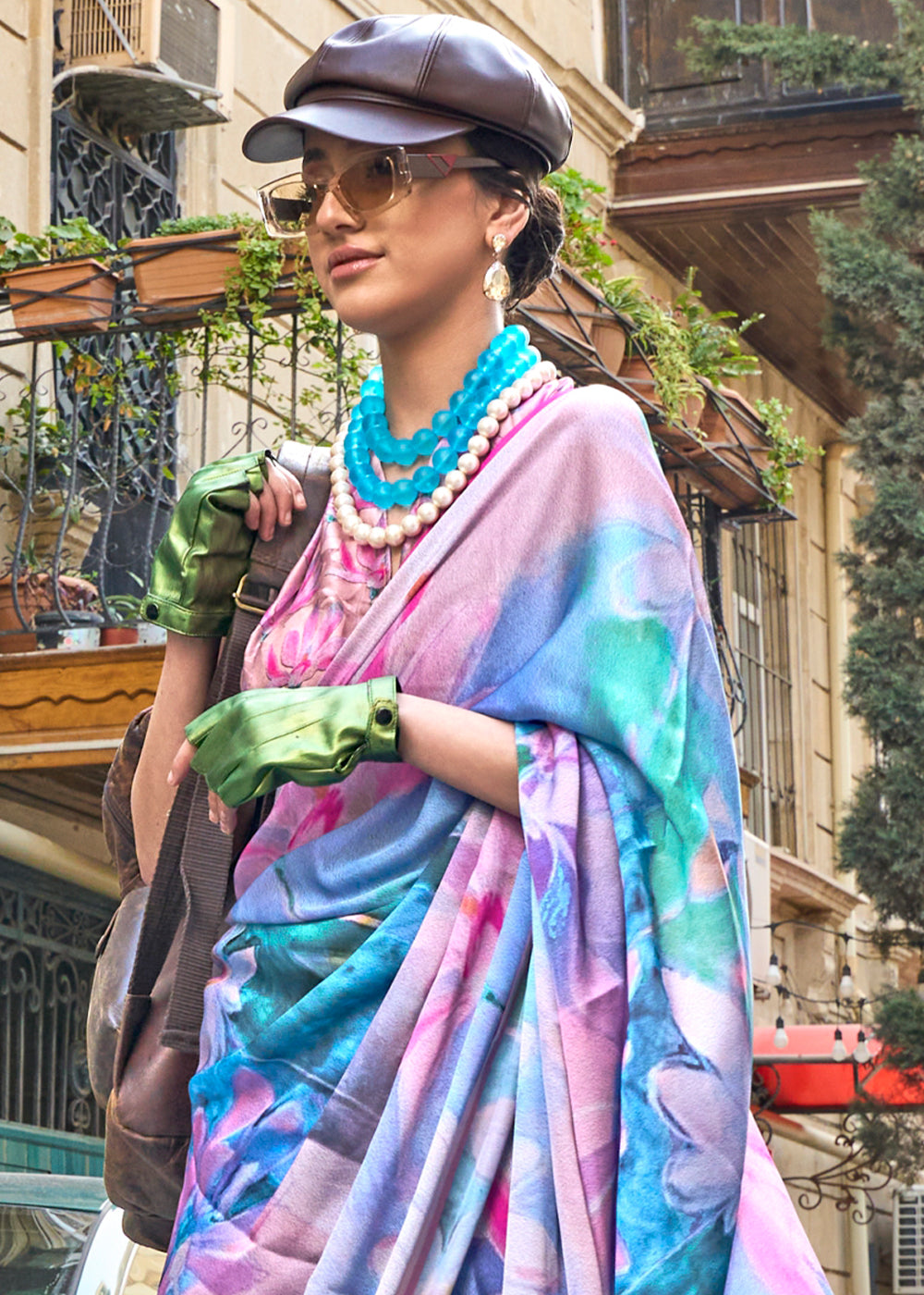 Blue & Pink Printed Satin Georgette Saree - qivii