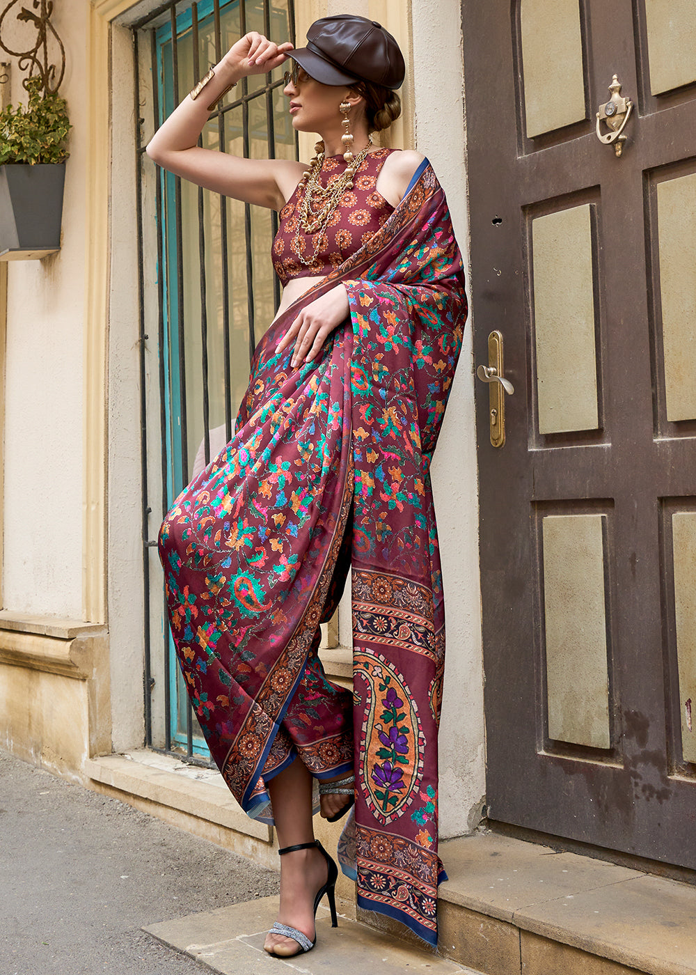 Dark Sienna Brown Printed Satin Georgette Saree - qivii