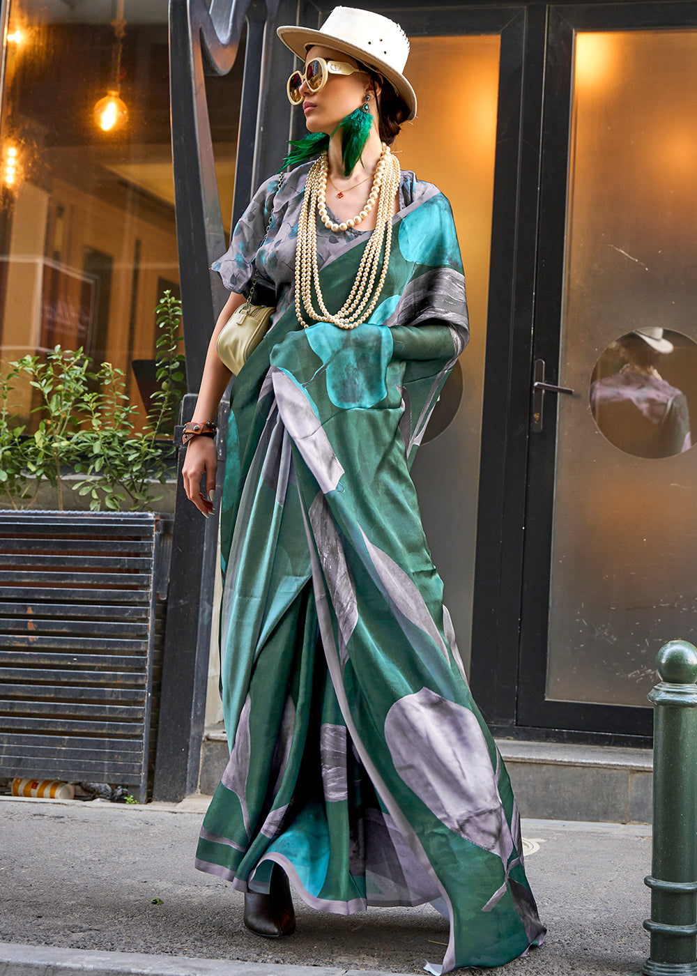Viridian Green Printed Satin Georgette Saree - qivii