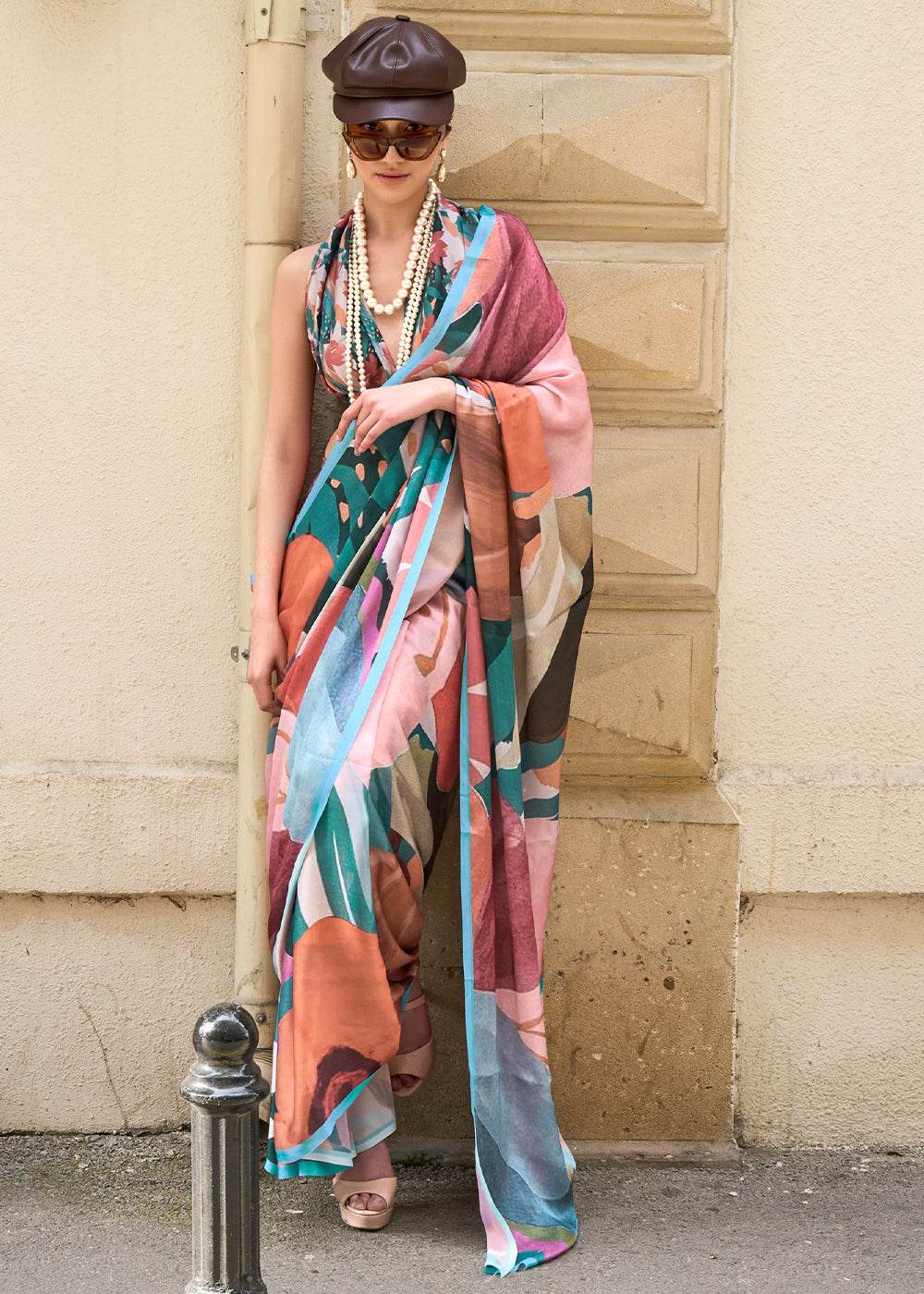 Multicolored Printed Satin Georgette Saree - qivii