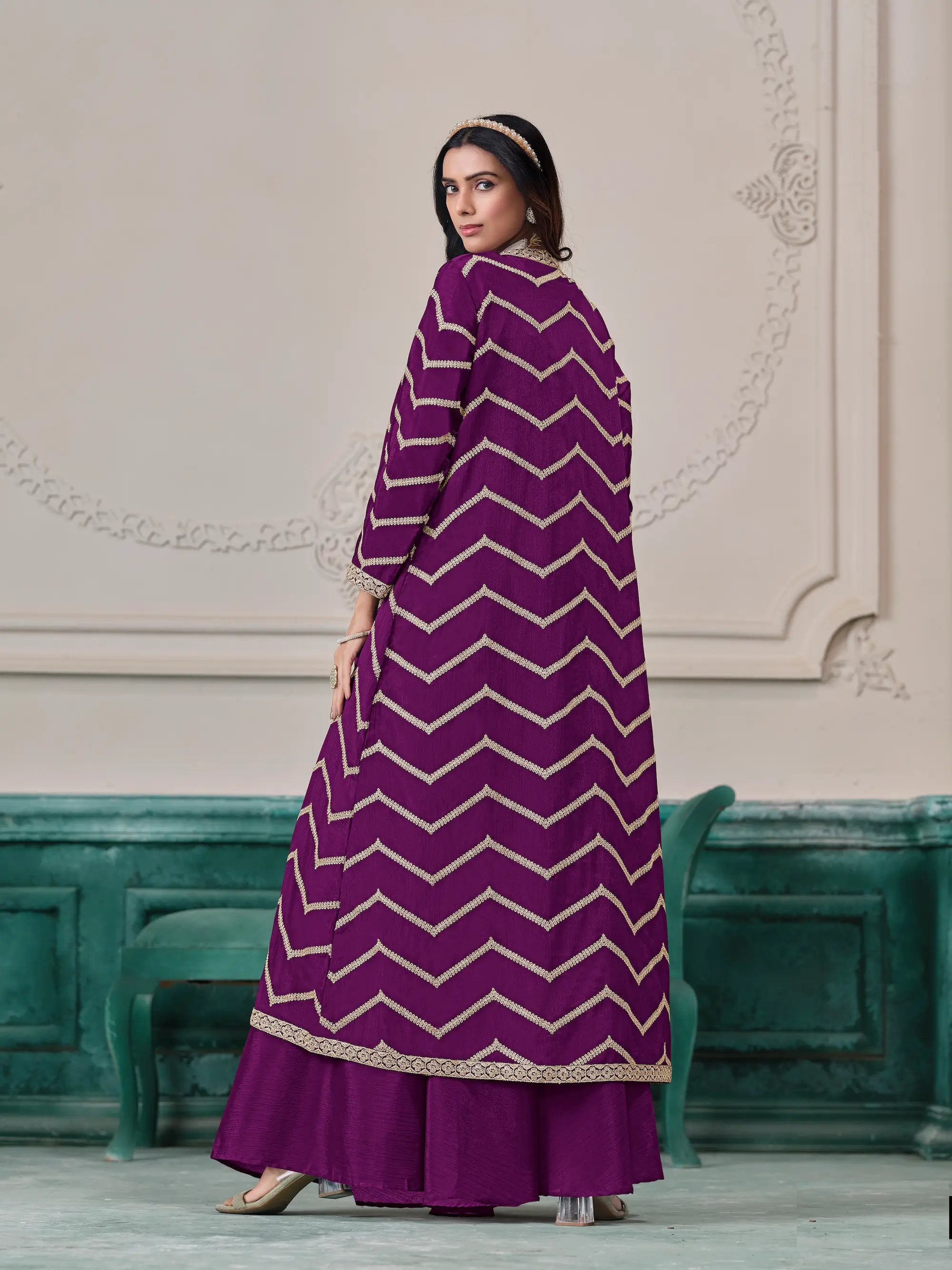 Purple Chinon Indo-Western Set With Embroidery Work - qivii