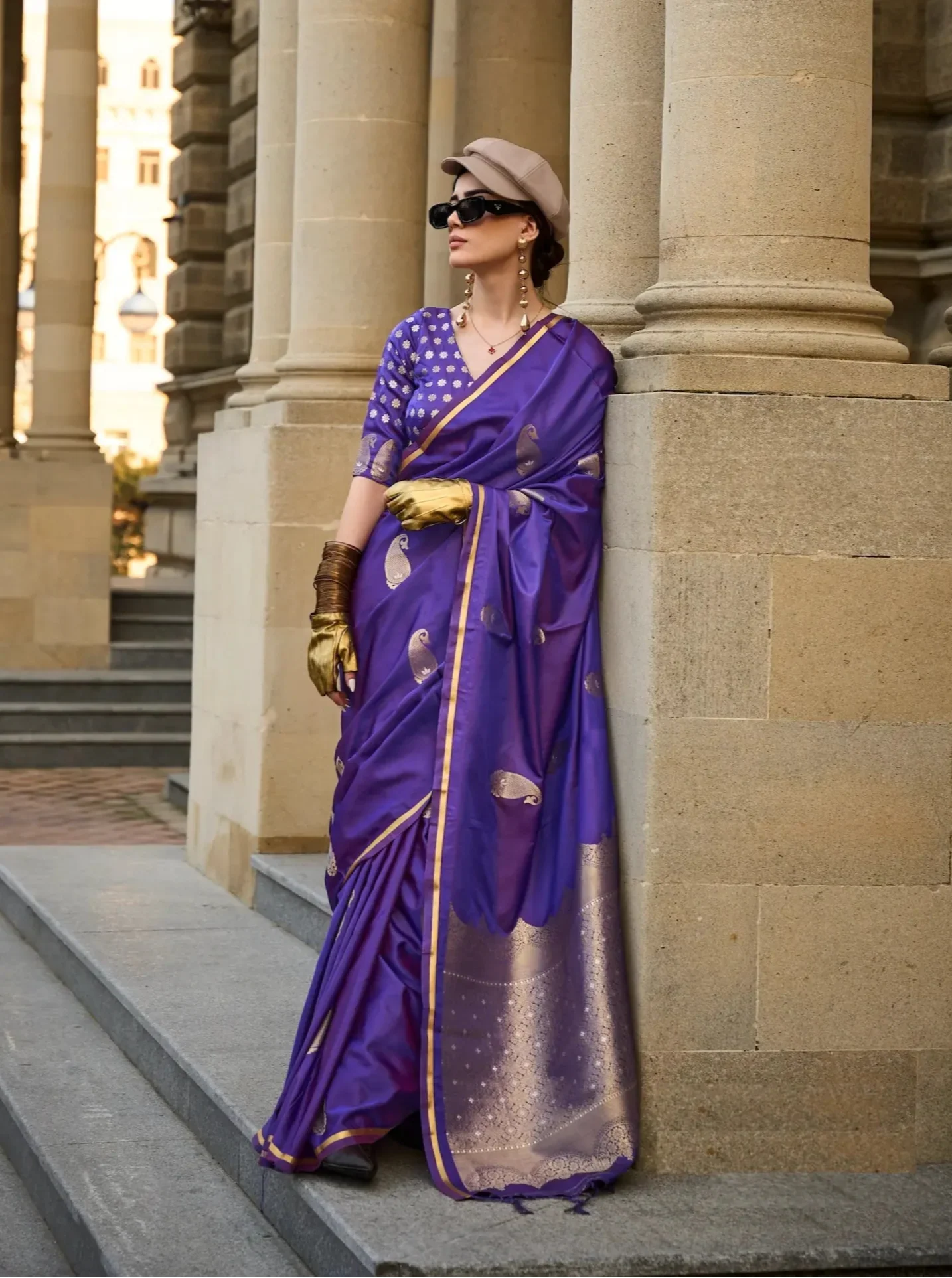 Bluish Purple Satin Handloom Silk Saree With Zari Weaving Work - qivii