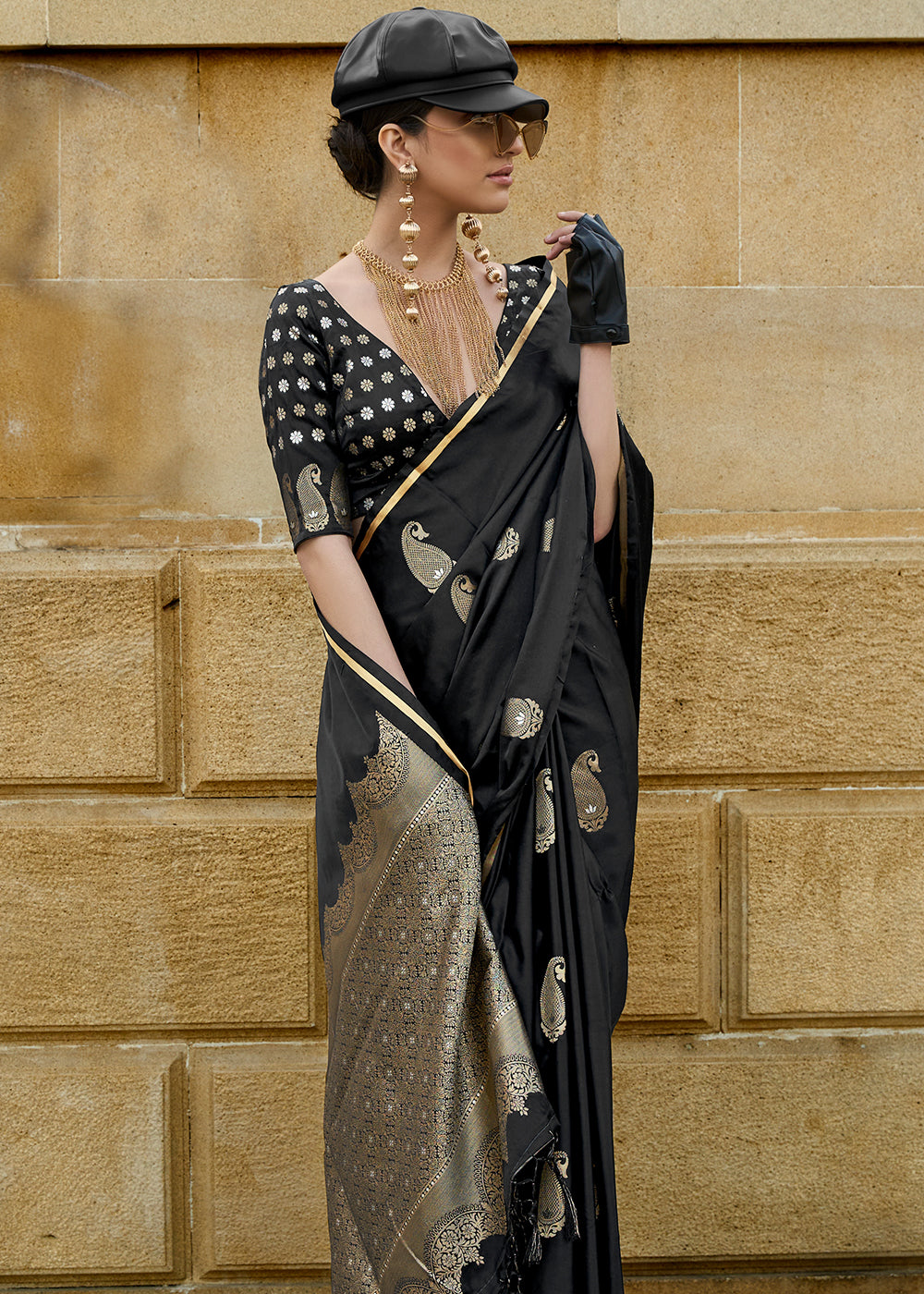 Midnight Black Zari Woven Satin Silk Saree - qivii