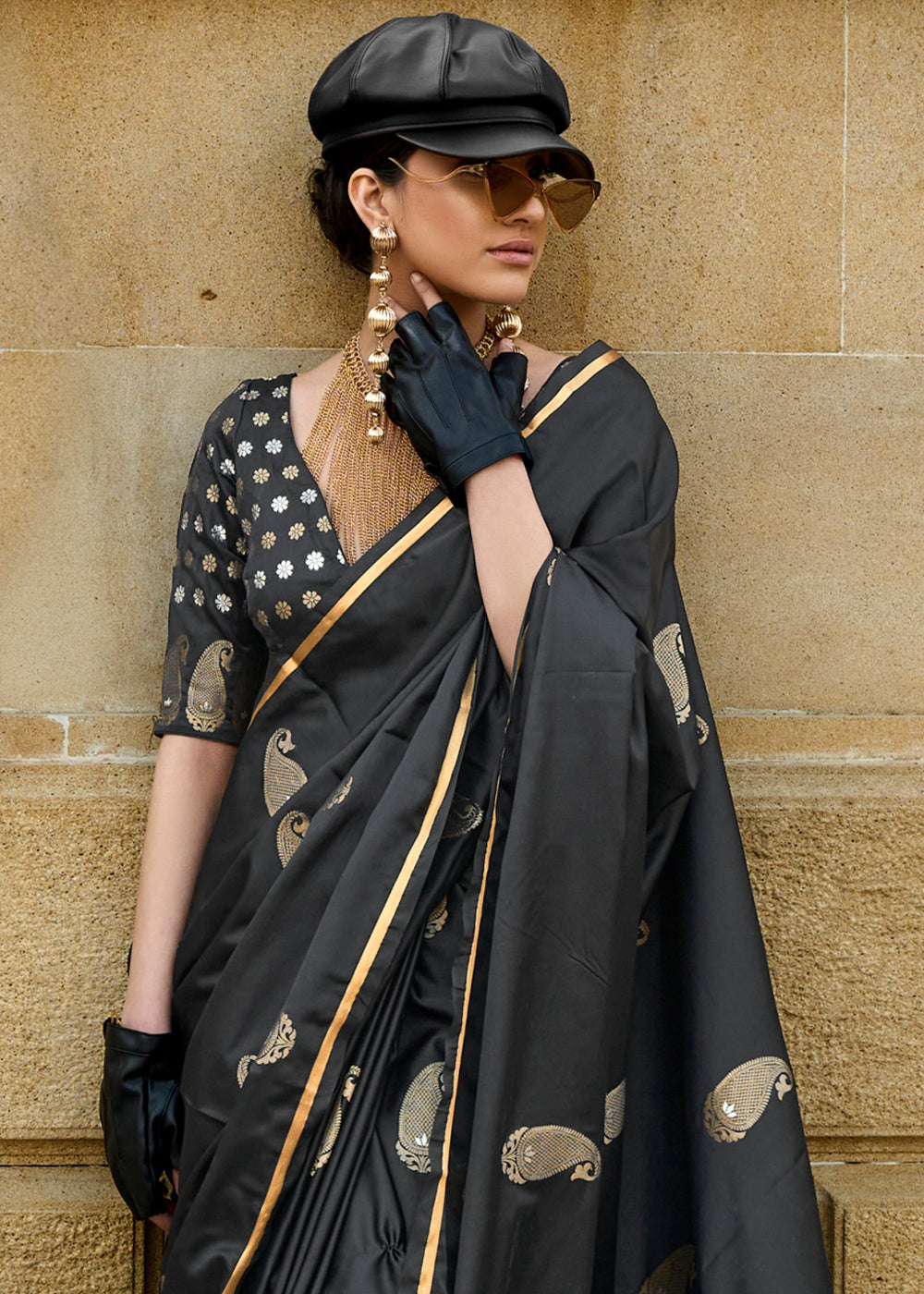 Midnight Black Zari Woven Satin Silk Saree - qivii