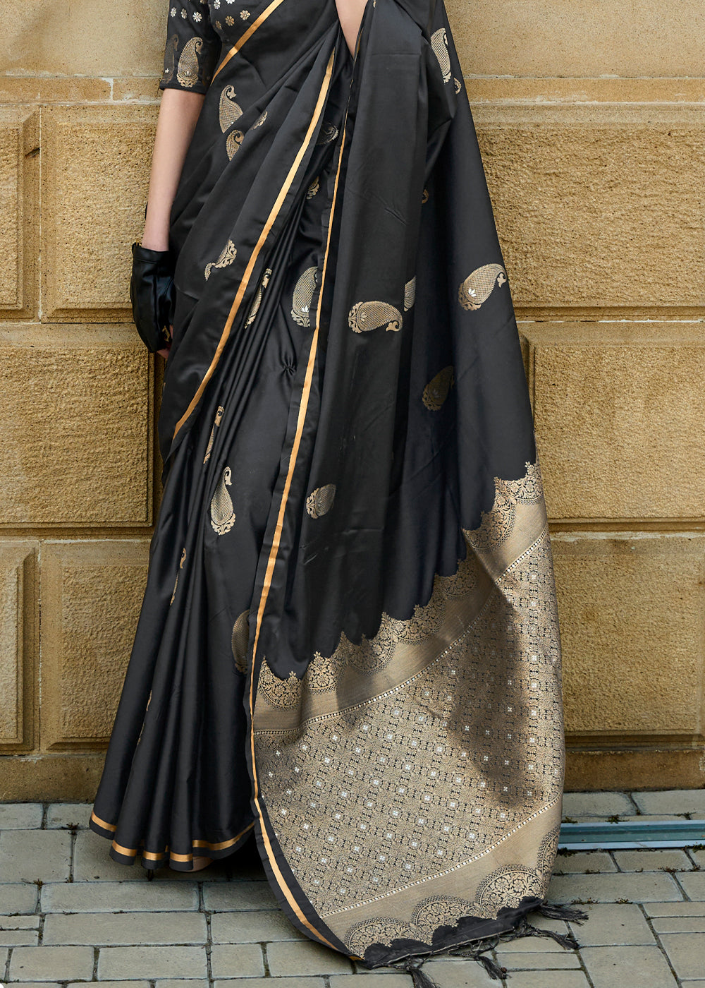 Midnight Black Zari Woven Satin Silk Saree - qivii