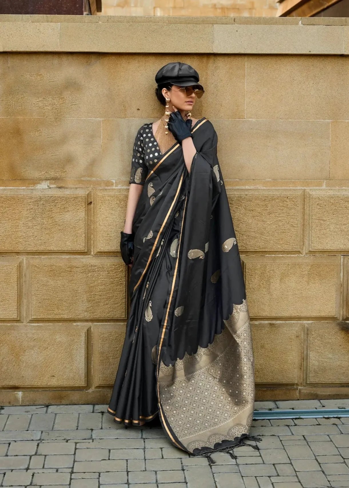 Black Satin Handloom Silk Saree With Zari Weaving Work