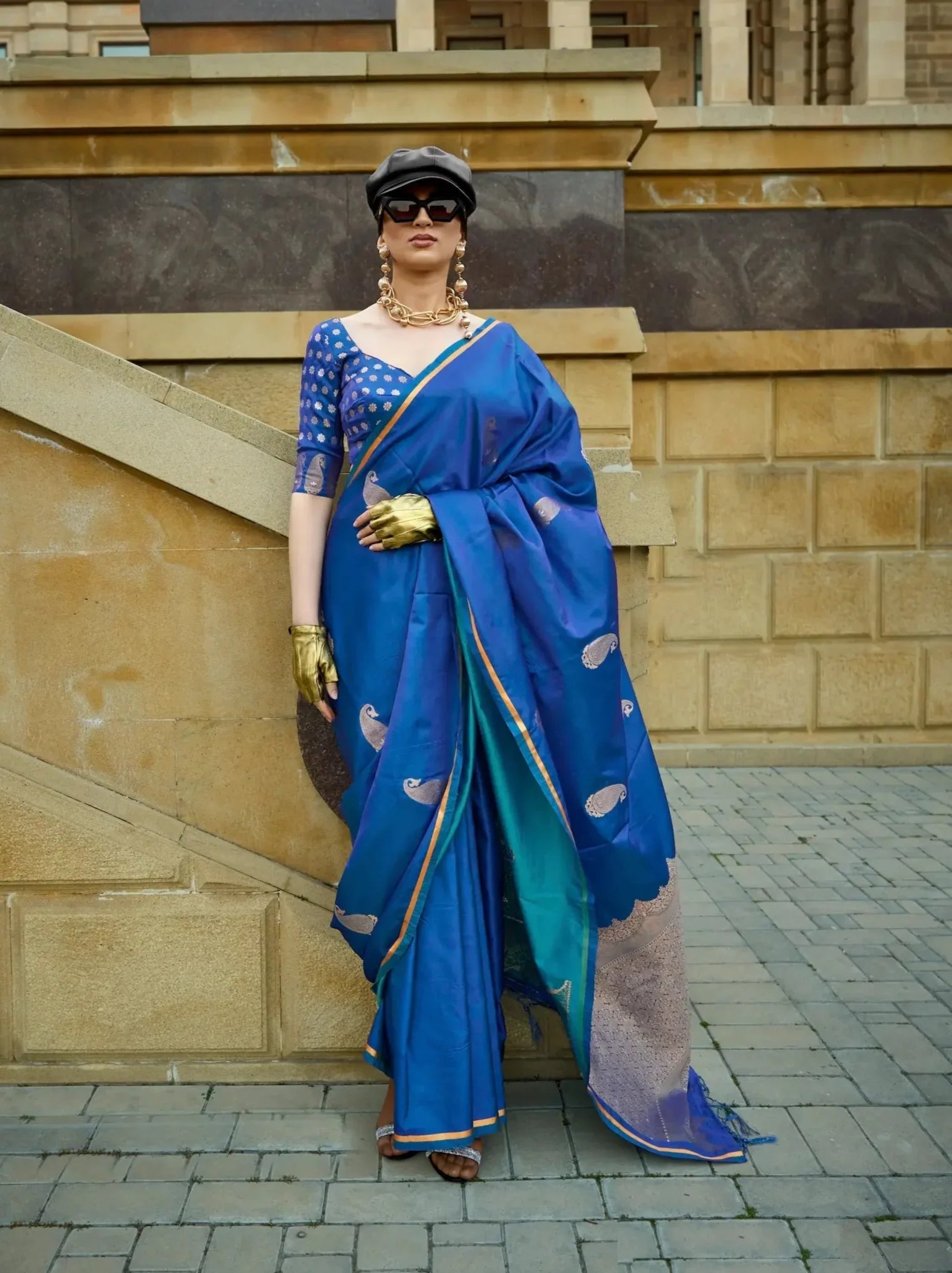 Peacock Blue Satin Handloom Silk Saree With Zari Weaving Work - qivii