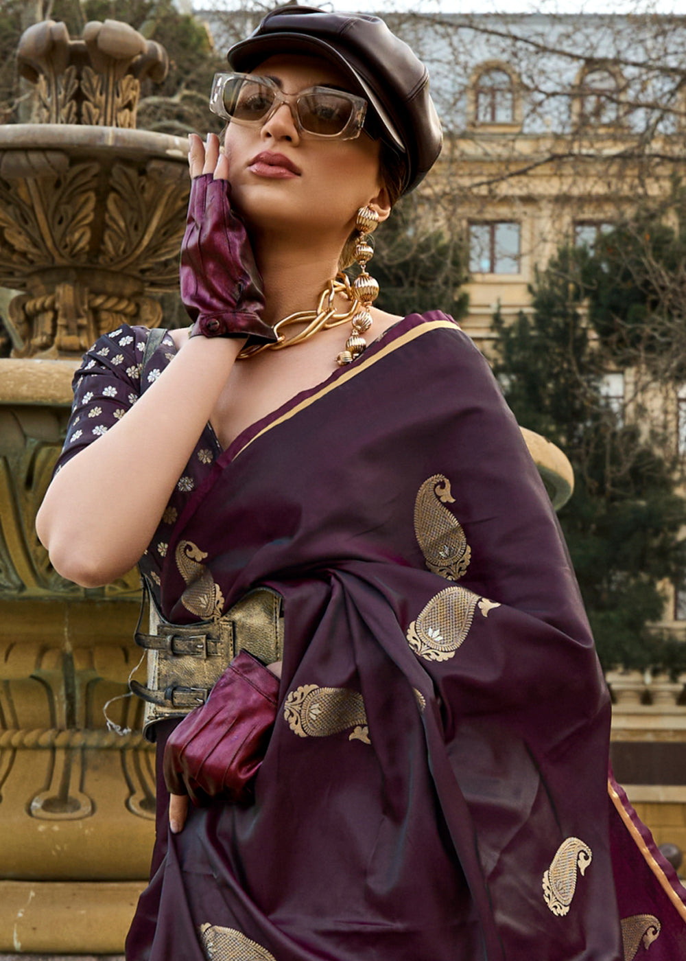 Tyrian Purple Zari Woven Satin Silk Saree - qivii