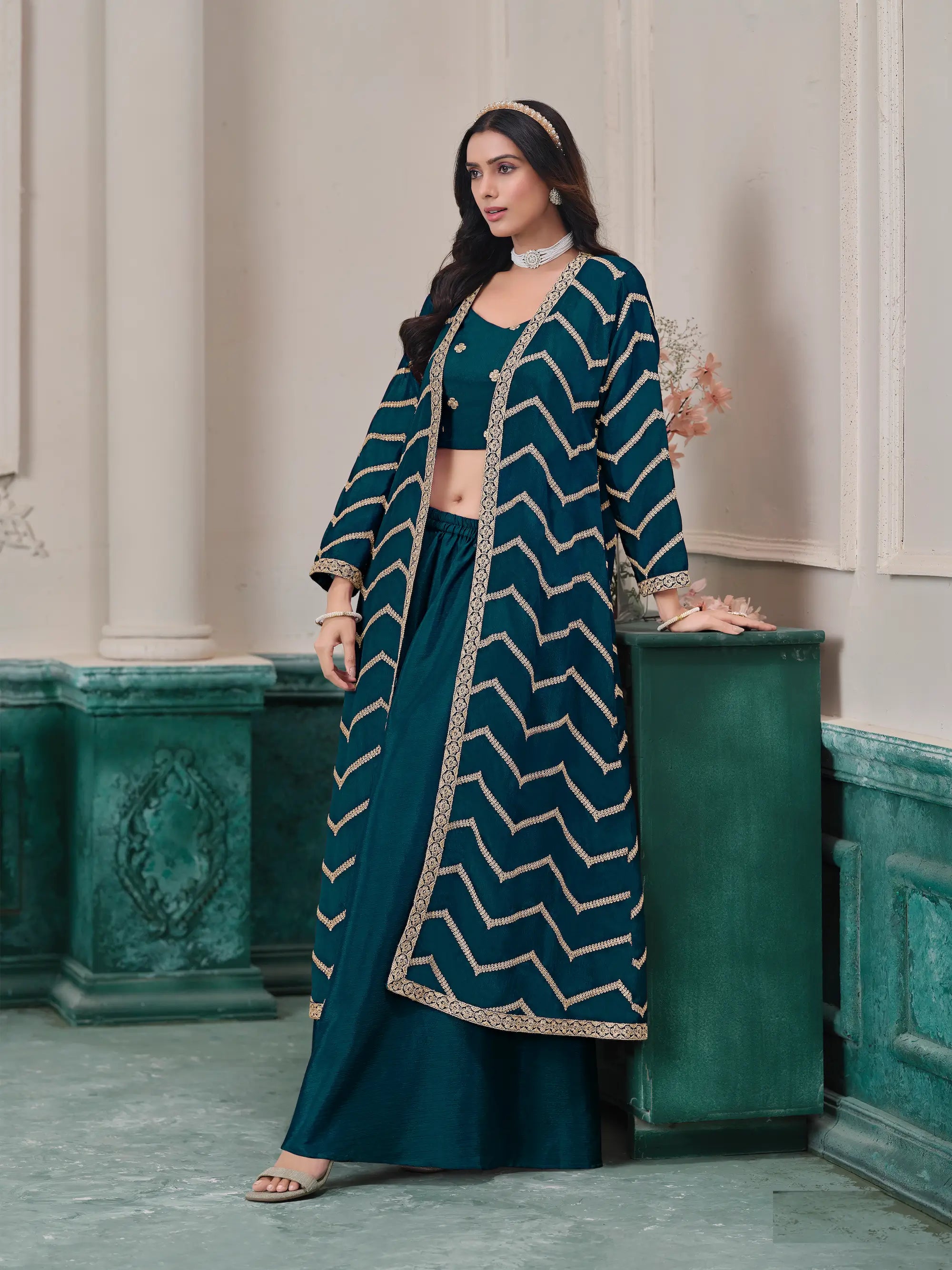 Teal Blue Chinon Indo-Western Set With Embroidery Workv - qivii