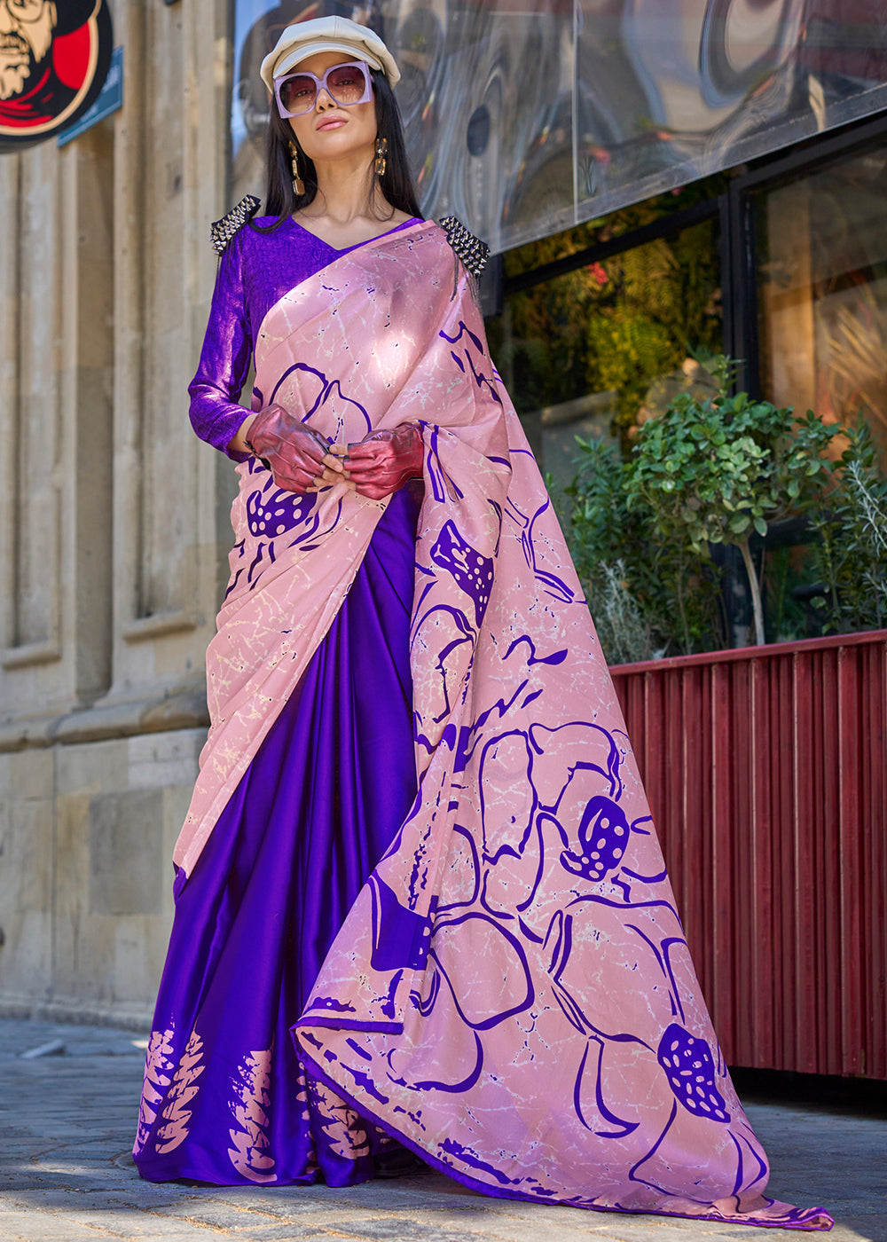 Blue & Pink Contemporary Printed Satin Crepe Saree - qivii