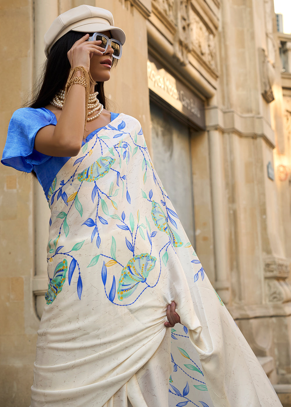 Pearl White Contemporary Printed Satin Crepe Saree - qivii