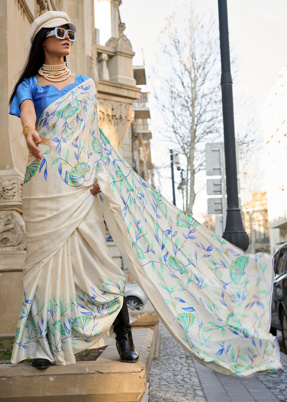 Pearl White Contemporary Printed Satin Crepe Saree - qivii