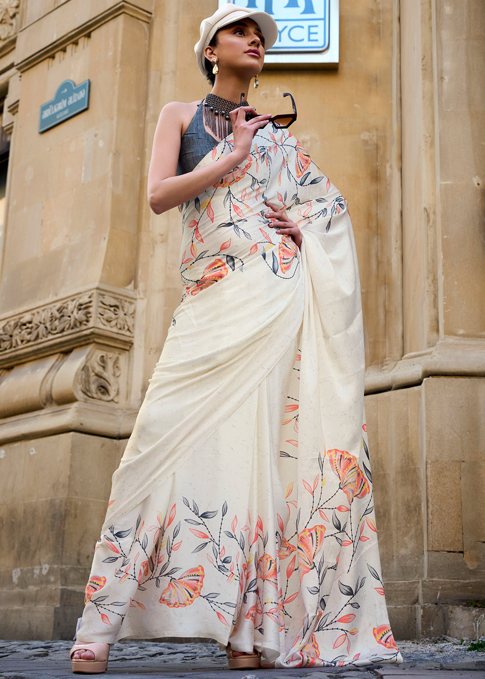Porcelain White Contemporary Printed Satin Crepe Saree - qivii