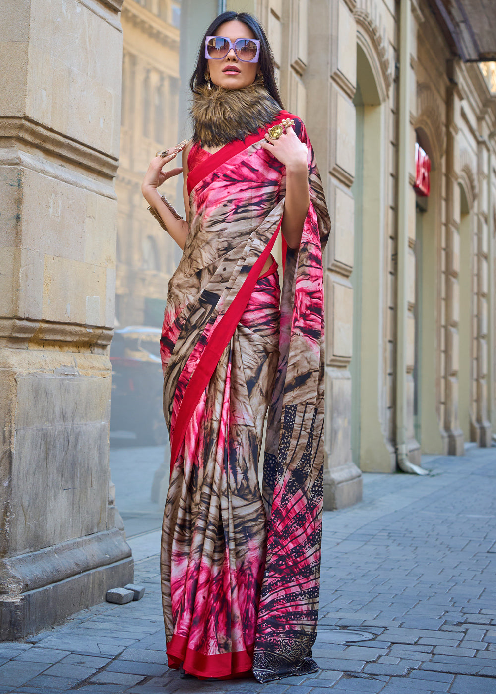 Pink & Brown Contemporary Printed Satin Crepe Saree - qivii