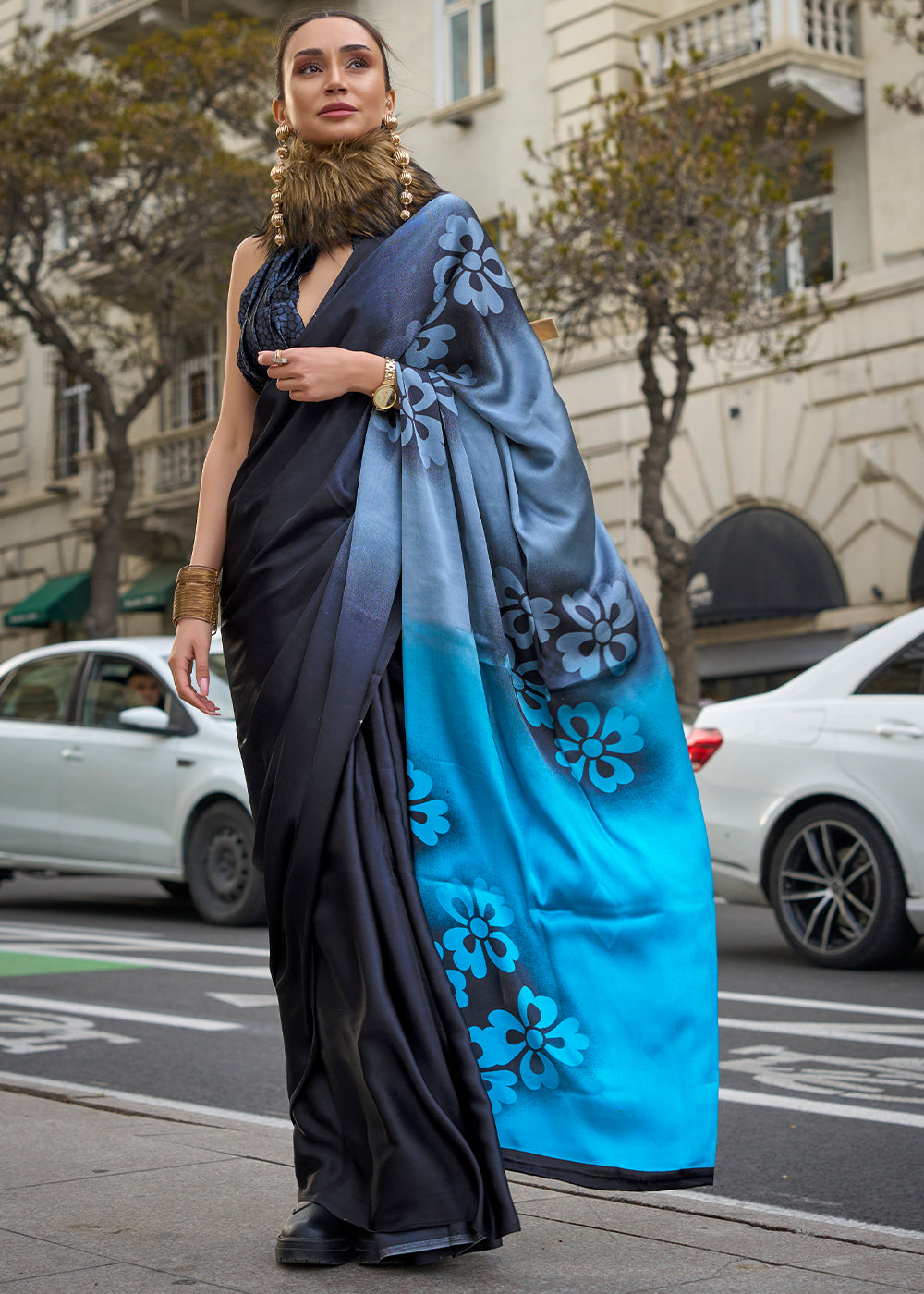 Shades Of Blue Contemporary Printed Satin Crepe Saree - qivii