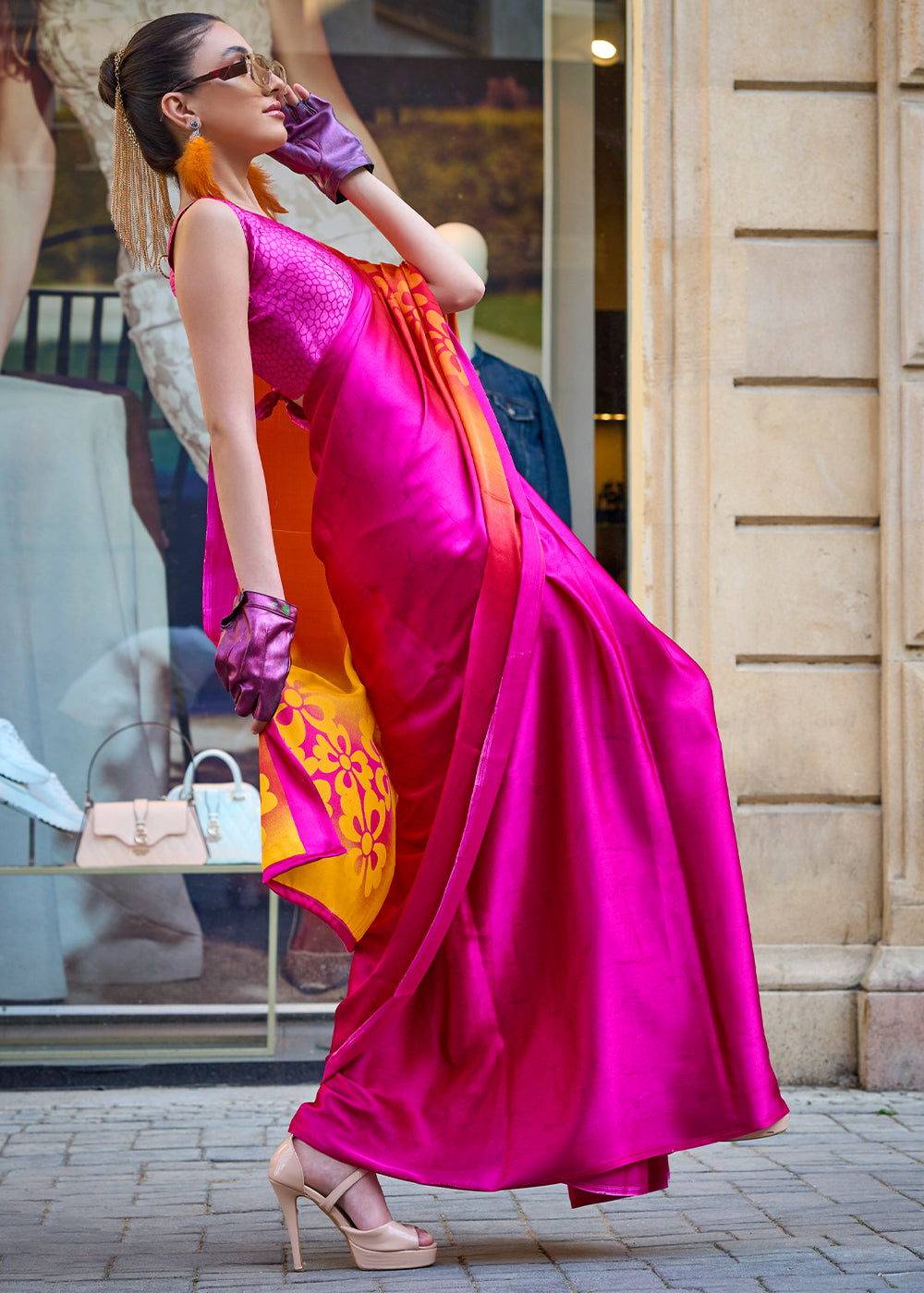 Hot Pink Contemporary Printed Satin Crepe Saree : Top Pick - qivii